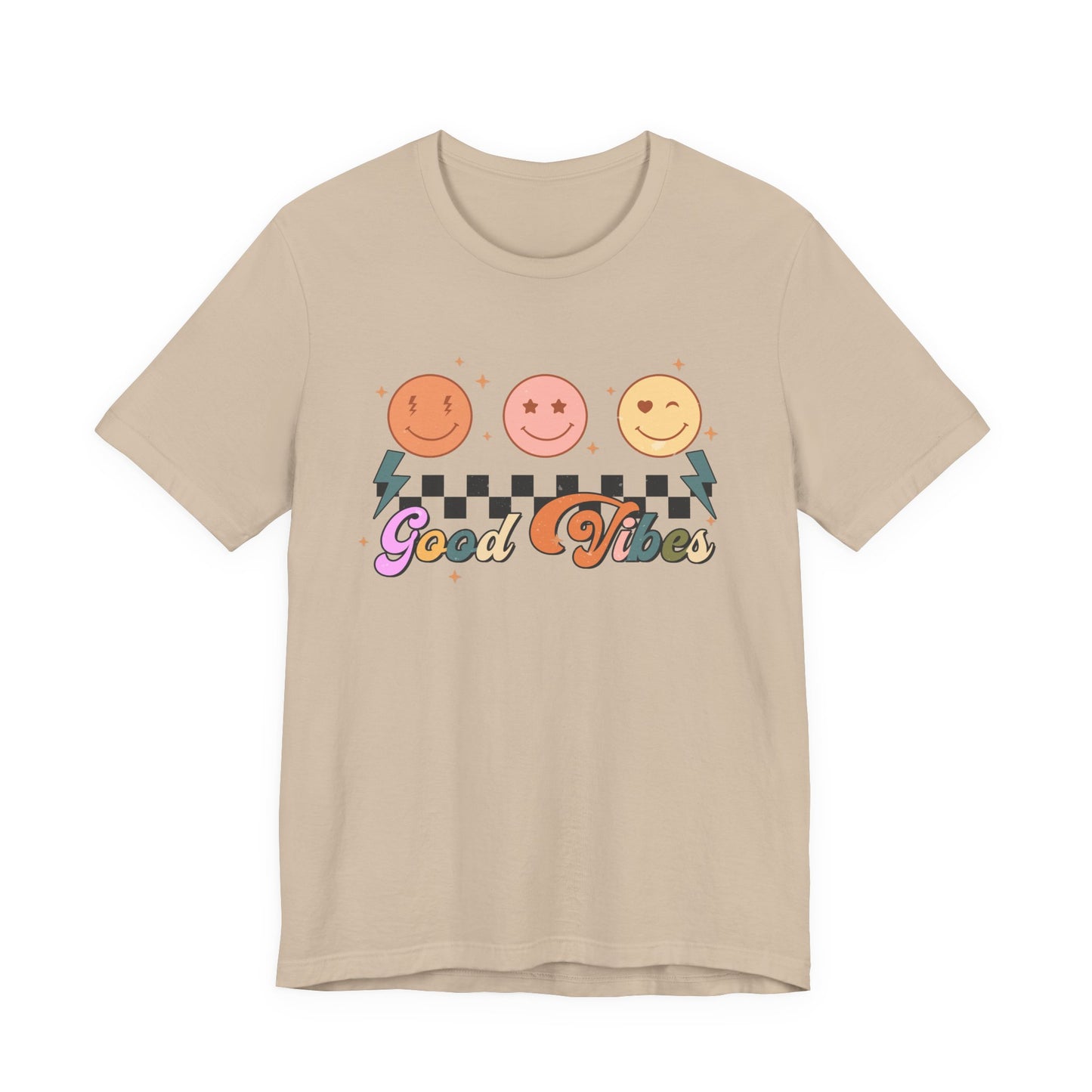 Good Vibes Smiley Tee — Retro Checkerboard Positive Graphic T-Shirt
