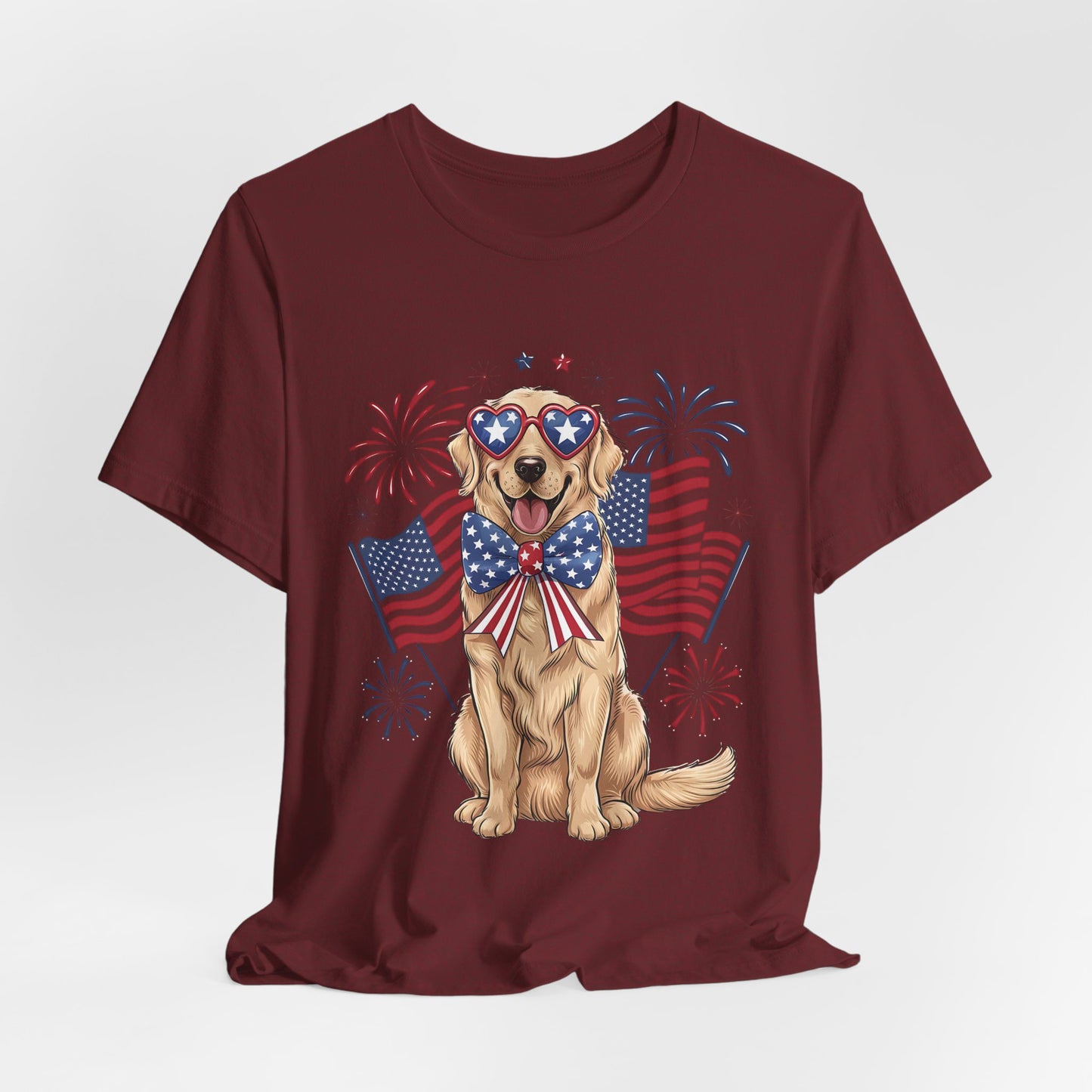 Patriotic Golden Retriever T‑Shirt — USA Flag Dog with Fireworks