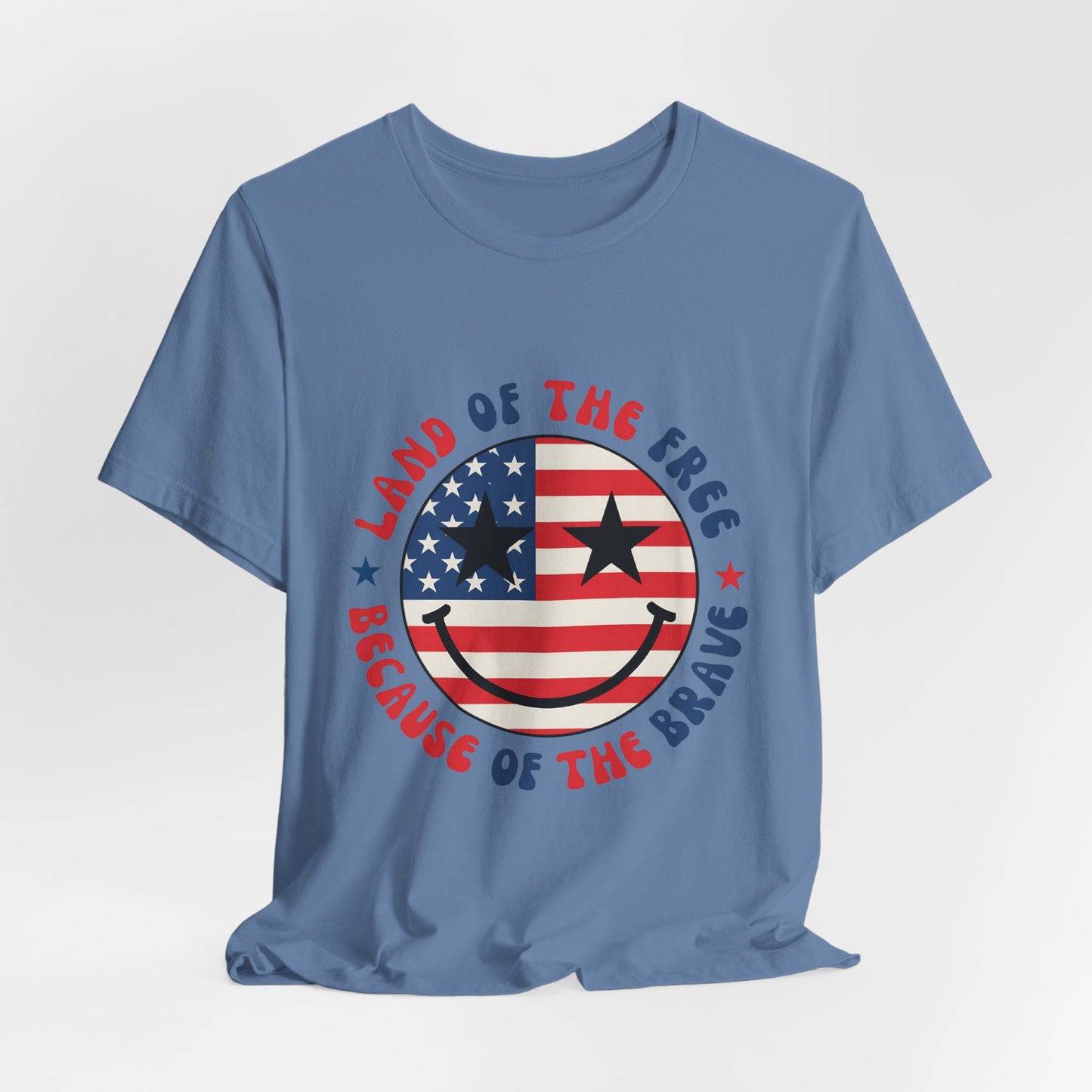Patriotic Smiley Tee - "Land of the Free Because of the Brave" American Flag Shirt