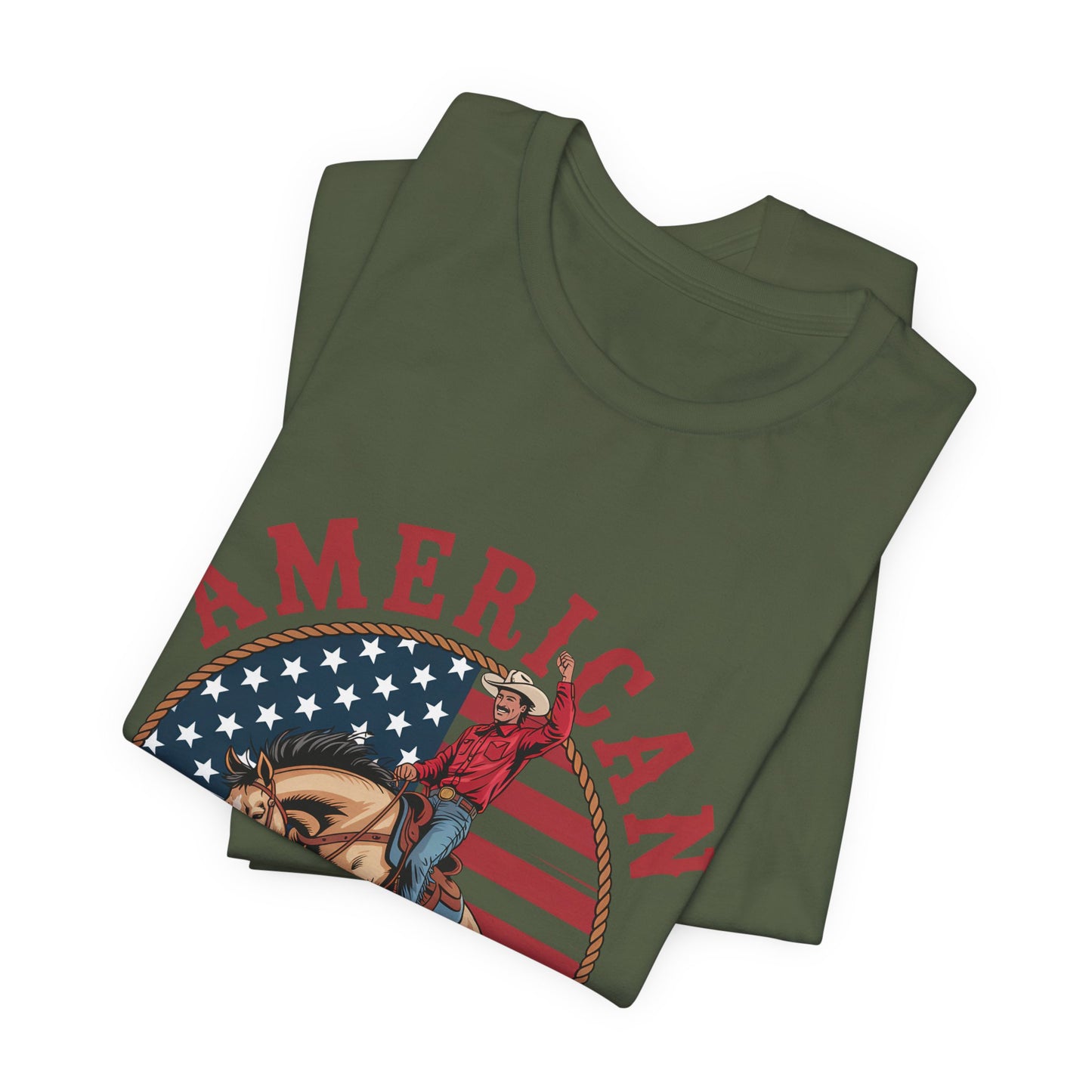 American Cowboy T-Shirt – patriotic rodeo tee with flag and rider