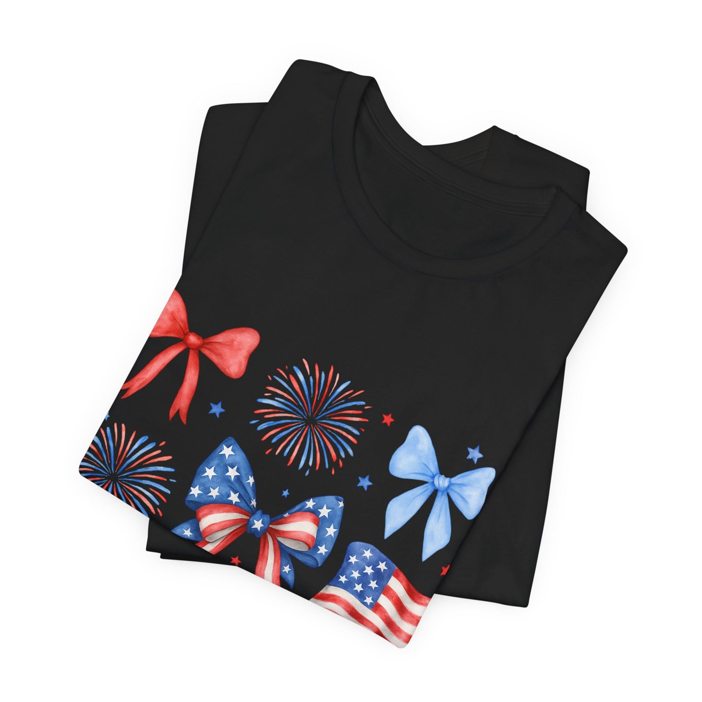 Patriotic Bows & Flags Tee — 4th of July Fireworks Graphic T-Shirt