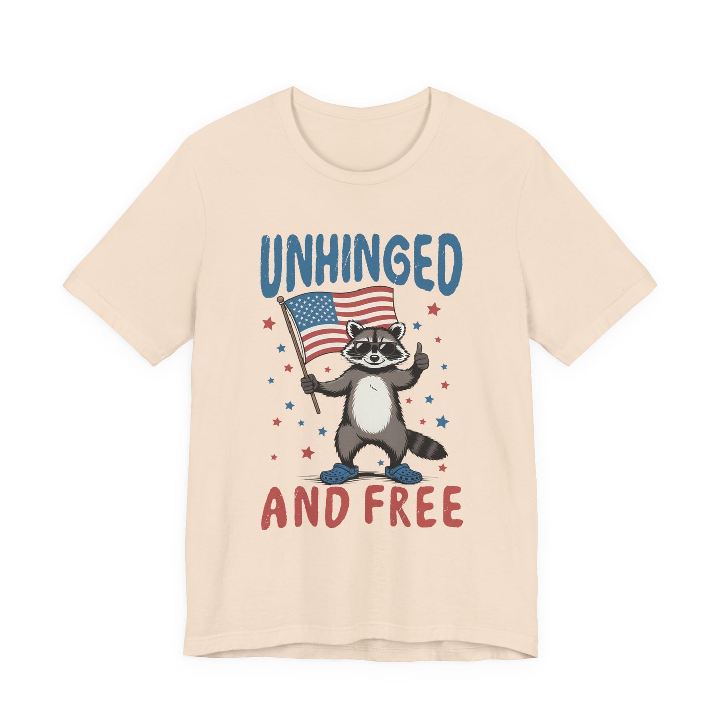 T‑Shirt — "Unhinged and Free" Raccoon American Flag Graphic Tee