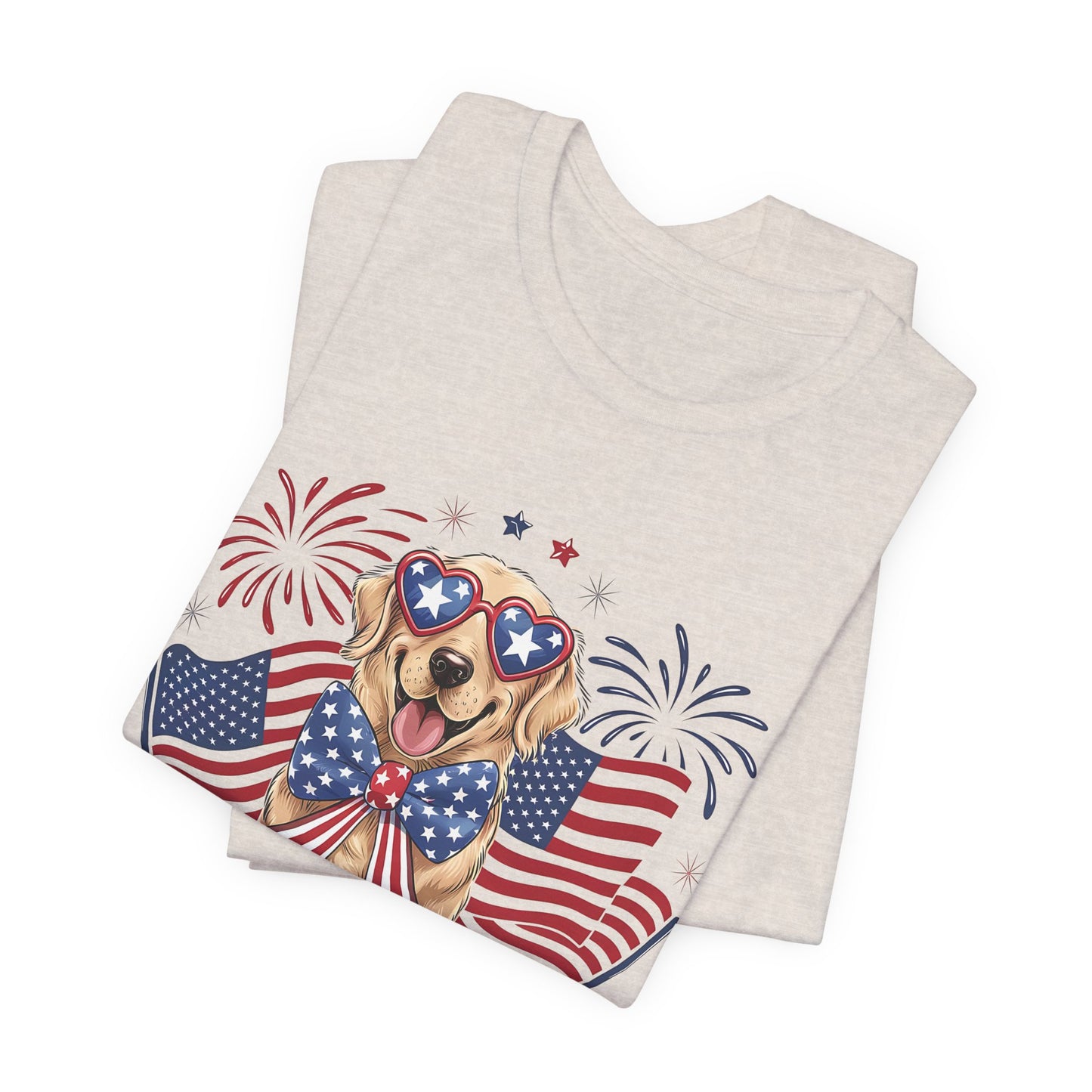 Patriotic Golden Retriever T‑Shirt — USA Flag Dog with Fireworks