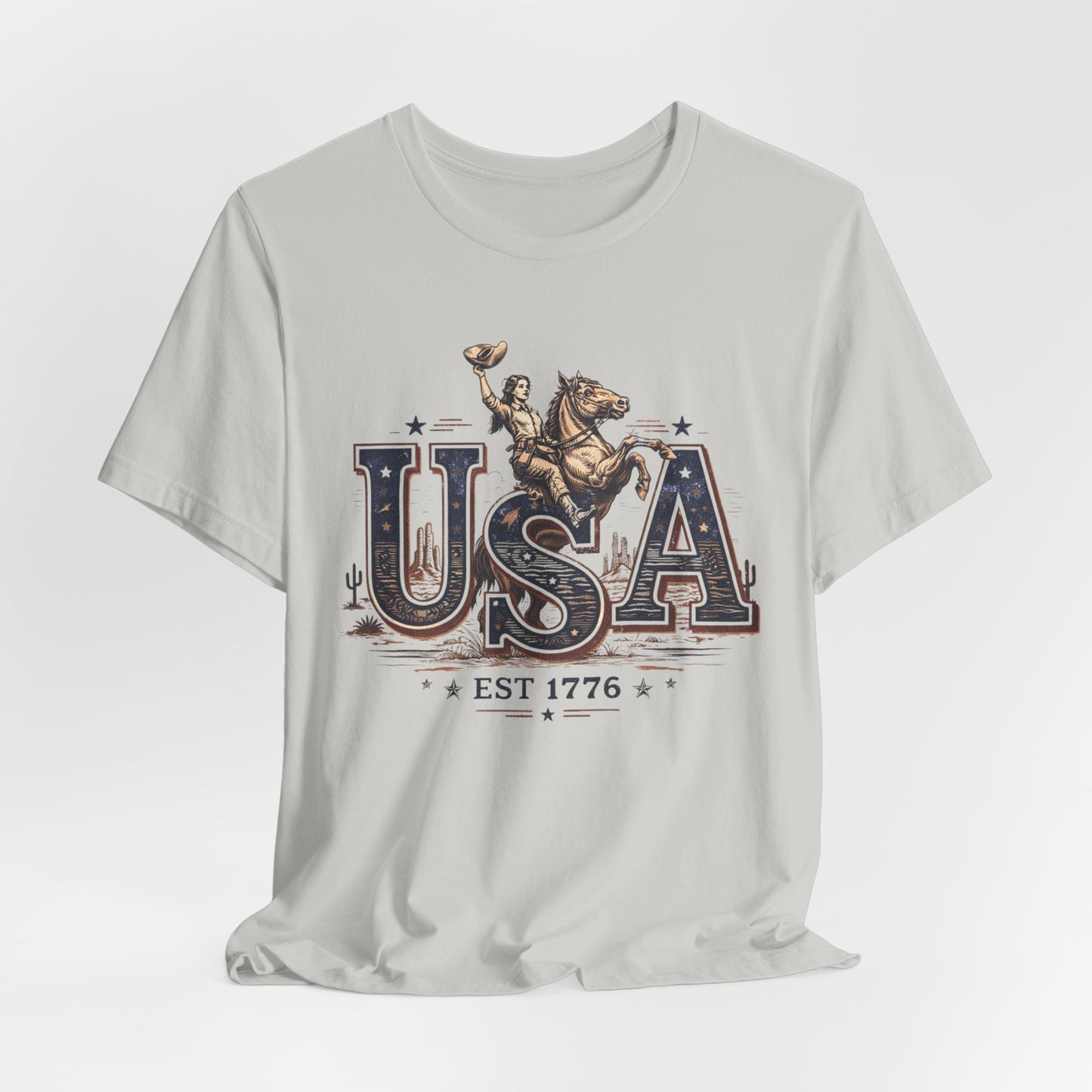 USA Western Rodeo T-Shirt – 'USA EST 1776' Patriotic Cowboy Tee