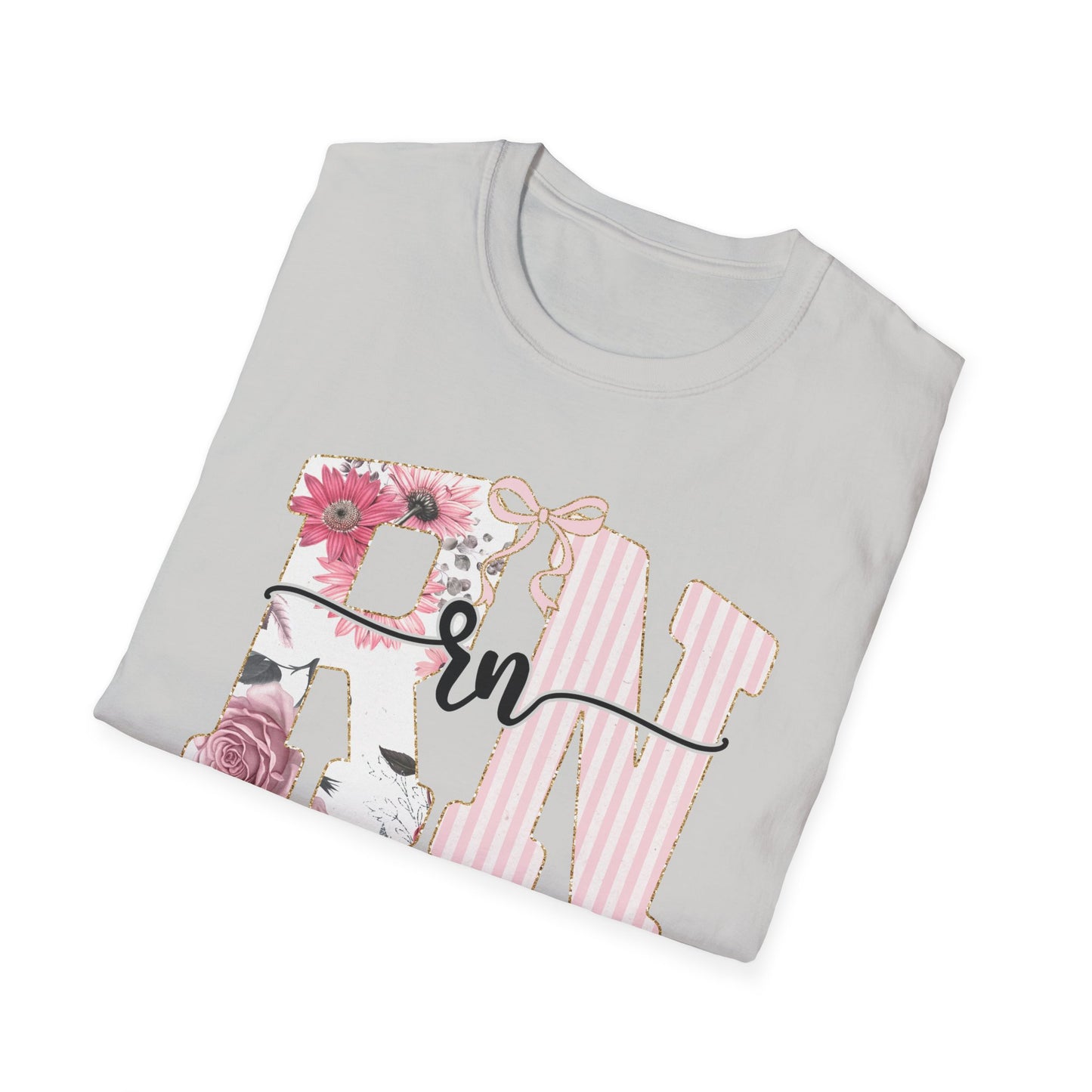 T-Shirt — RN Floral Script Design (Pink Stripes & Roses)
