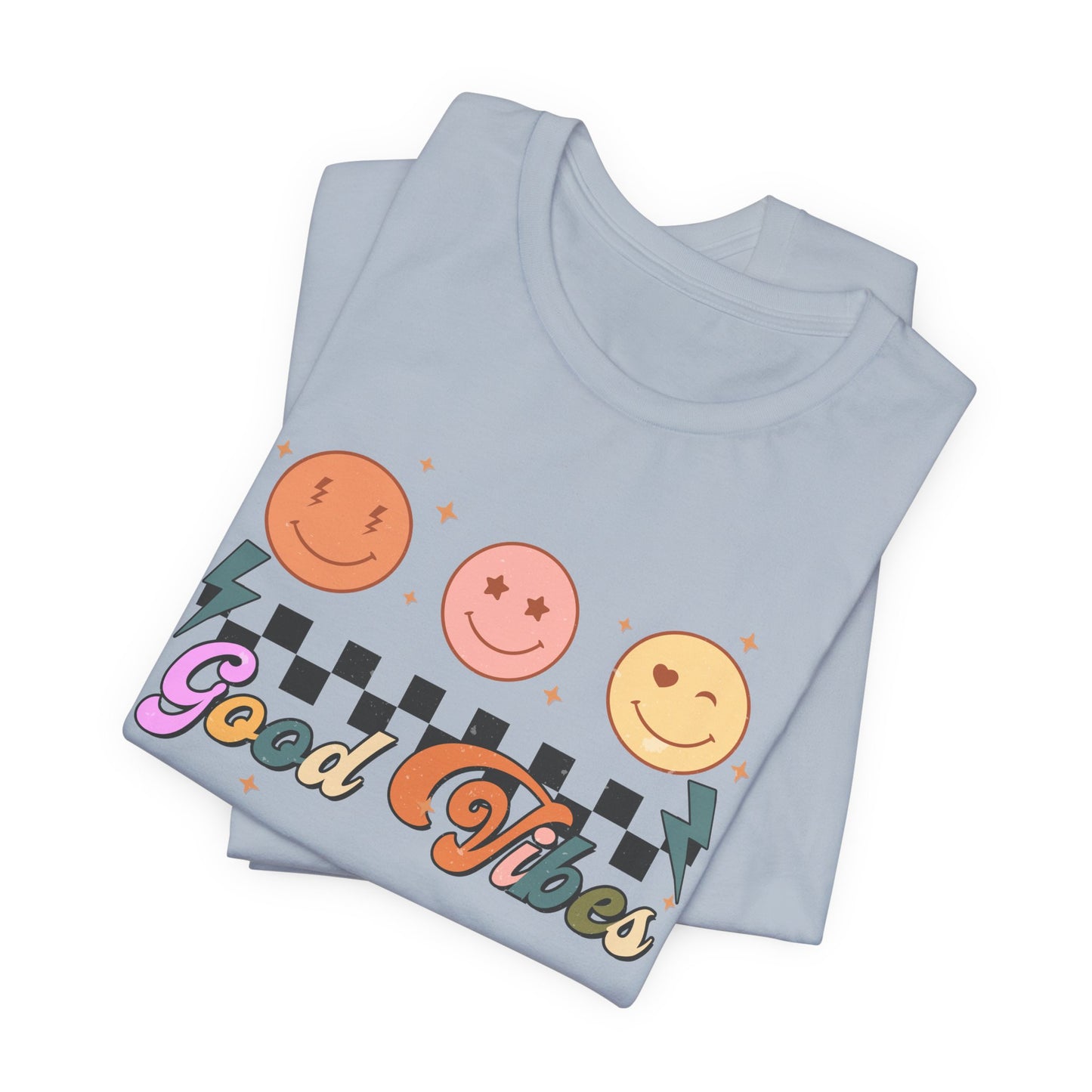 Good Vibes Smiley Tee — Retro Checkerboard Positive Graphic T-Shirt