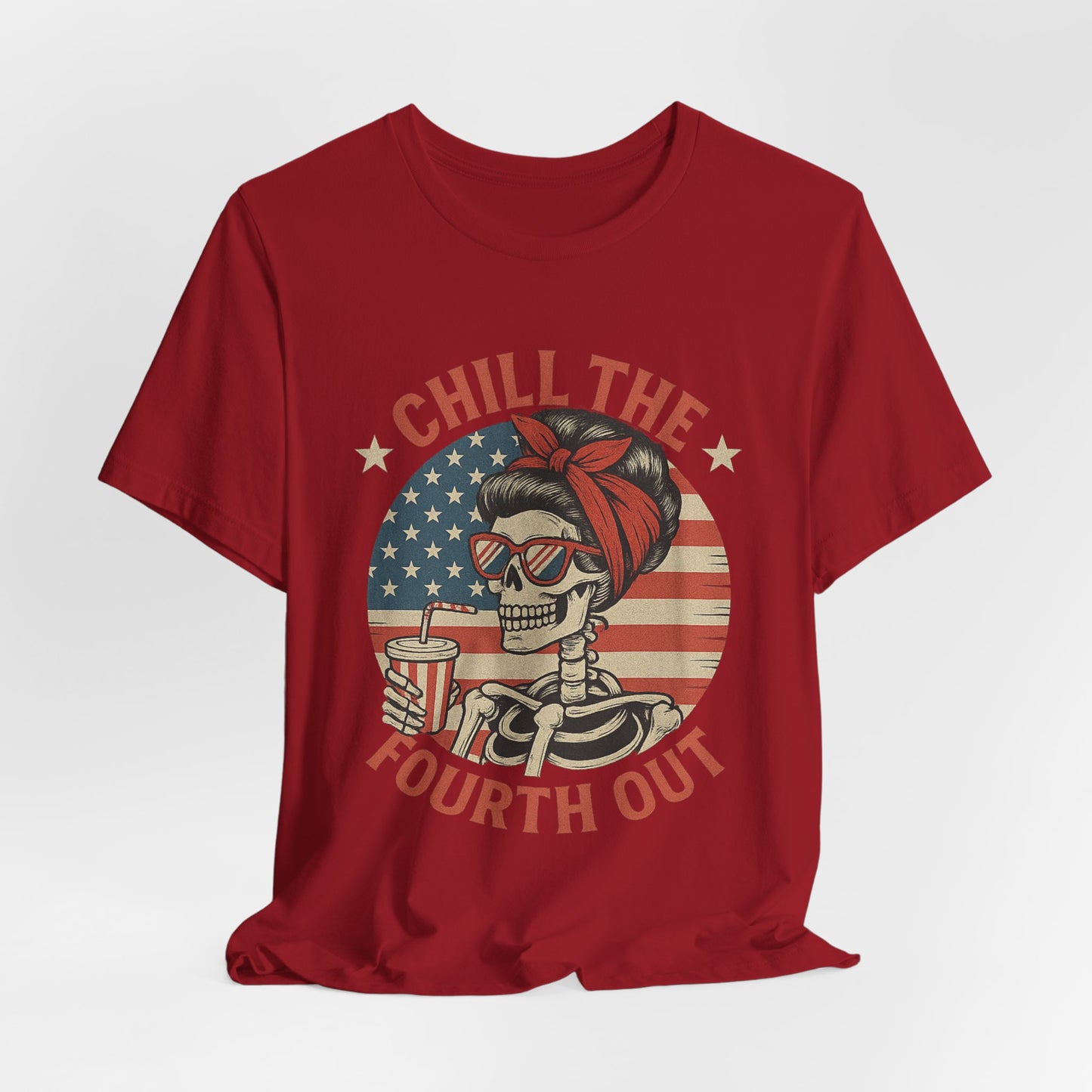 Chill the Fourth Out Tee – Retro Skull with American Flag & Drink | 4th of July Patriotic Shirt