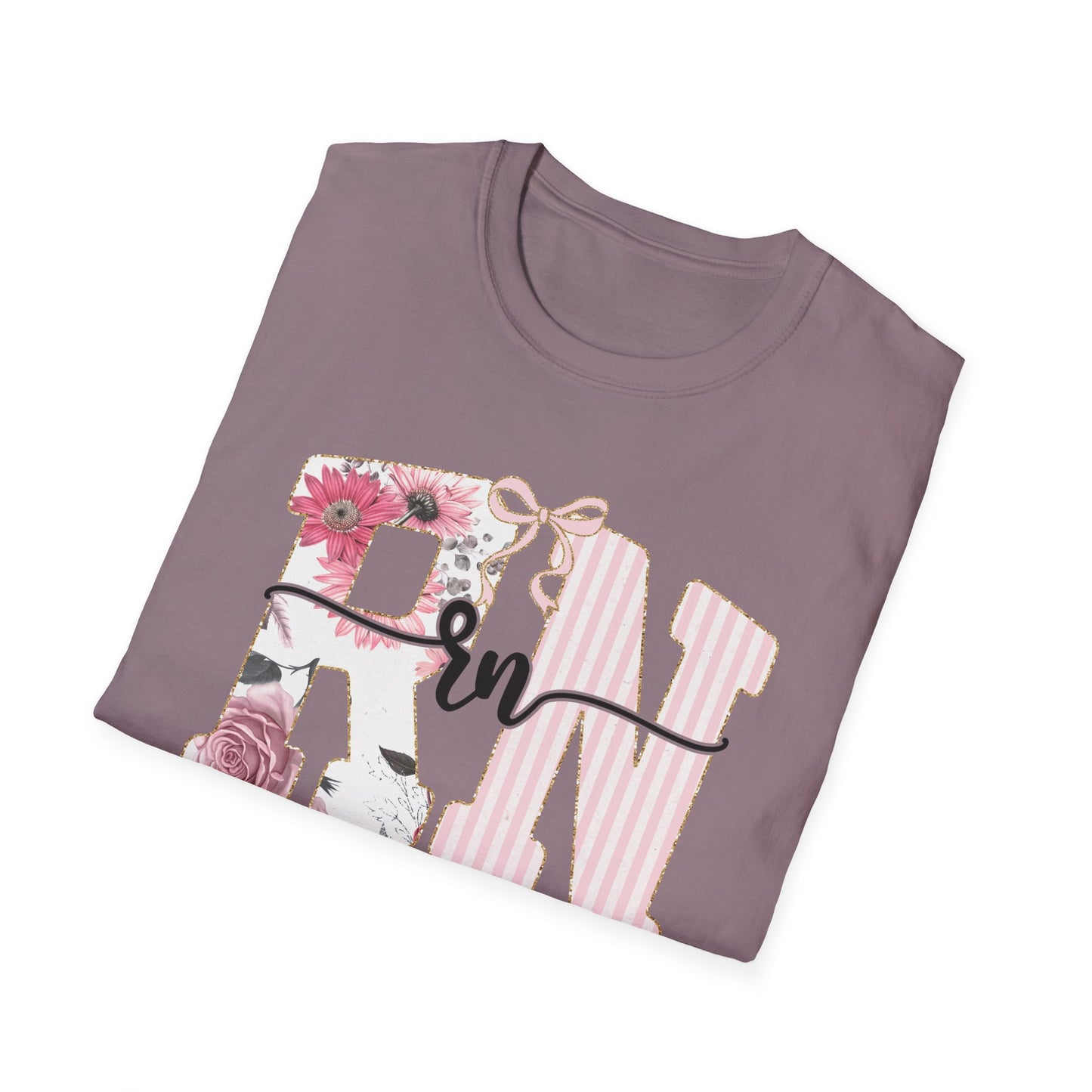 T-Shirt — RN Floral Script Design (Pink Stripes & Roses)