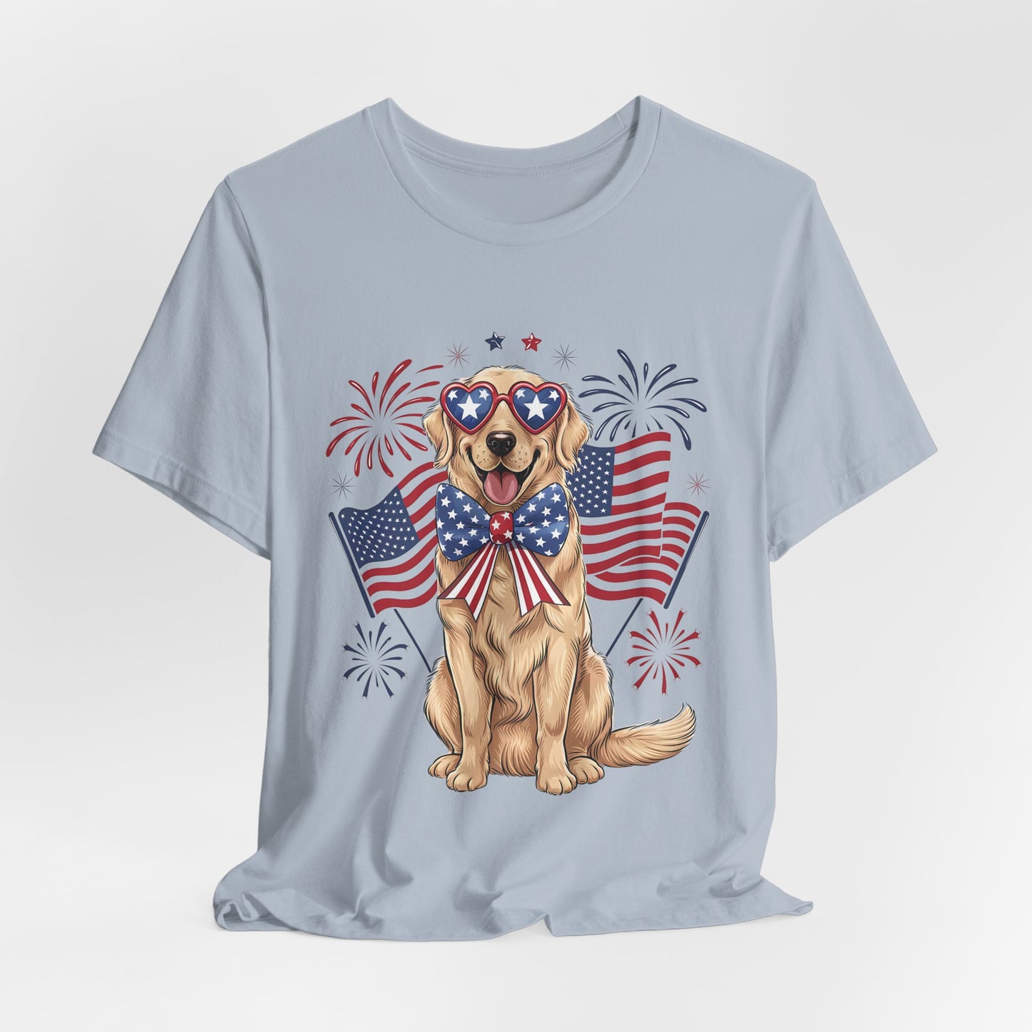 Patriotic Golden Retriever T‑Shirt — USA Flag Dog with Fireworks