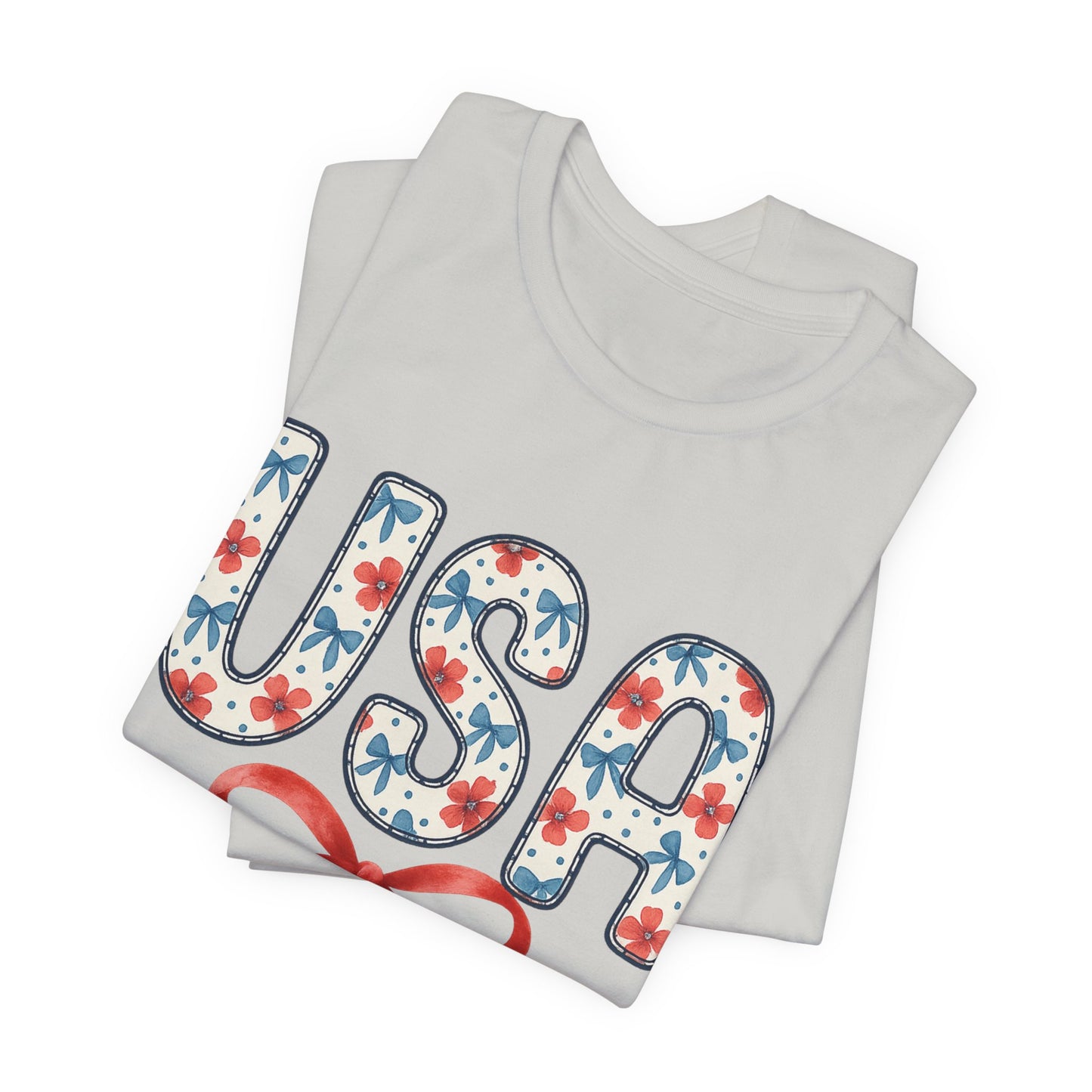 USA Floral Graphic Tee with Ribbon – 4th of July Patriotic Shirt