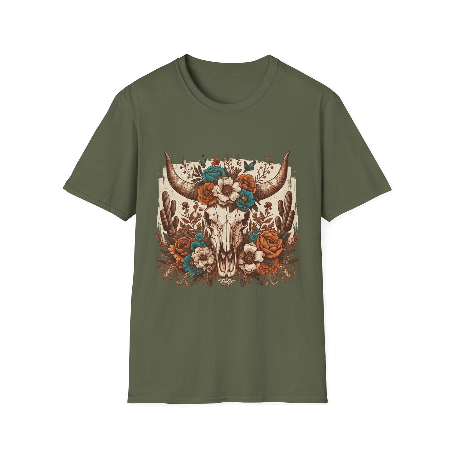 Boho Western Skull T-Shirt — Floral Longhorn Graphic Tee