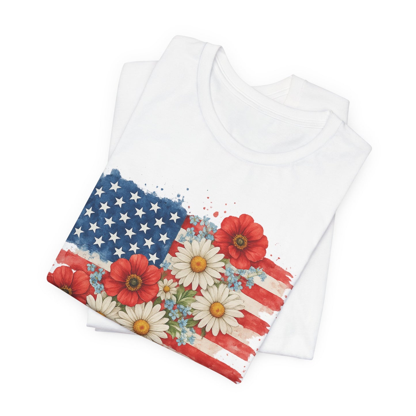 American Flag Floral T‑Shirt – Patriotic Daisy & Poppy USA Tee
