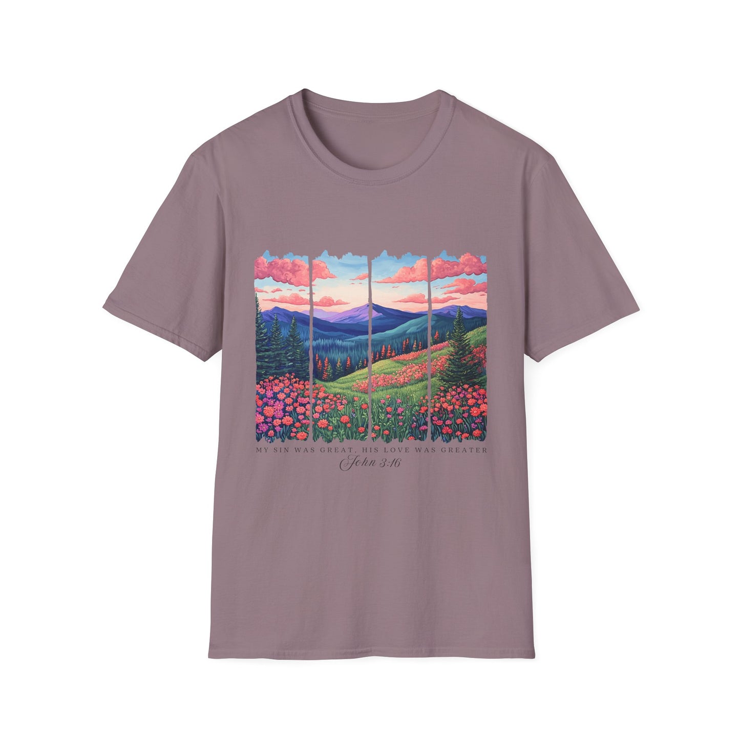 Scenic Mountain Sunset T-Shirt — Wildflower Valley Landscape Tee