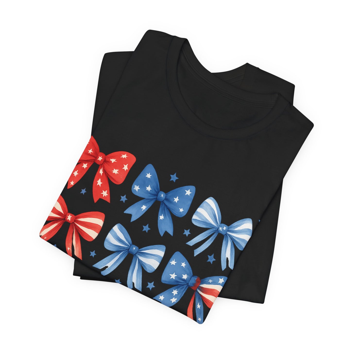 Patriotic Red & Blue Bows Tee — 4th of July Graphic T-Shirt