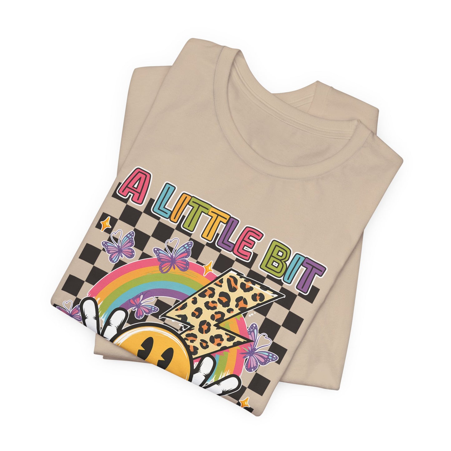 A Little Bit Dramatic Graphic Tee — Smiley Rainbow Checkerboard T-Shirt