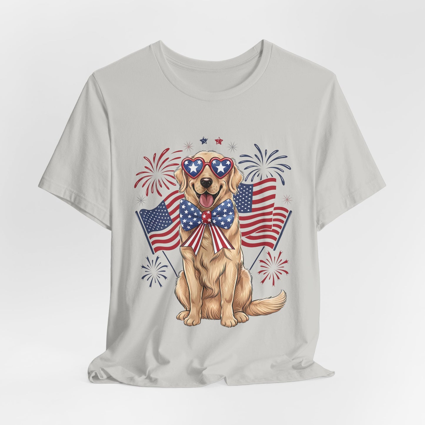 Patriotic Golden Retriever T‑Shirt — USA Flag Dog with Fireworks