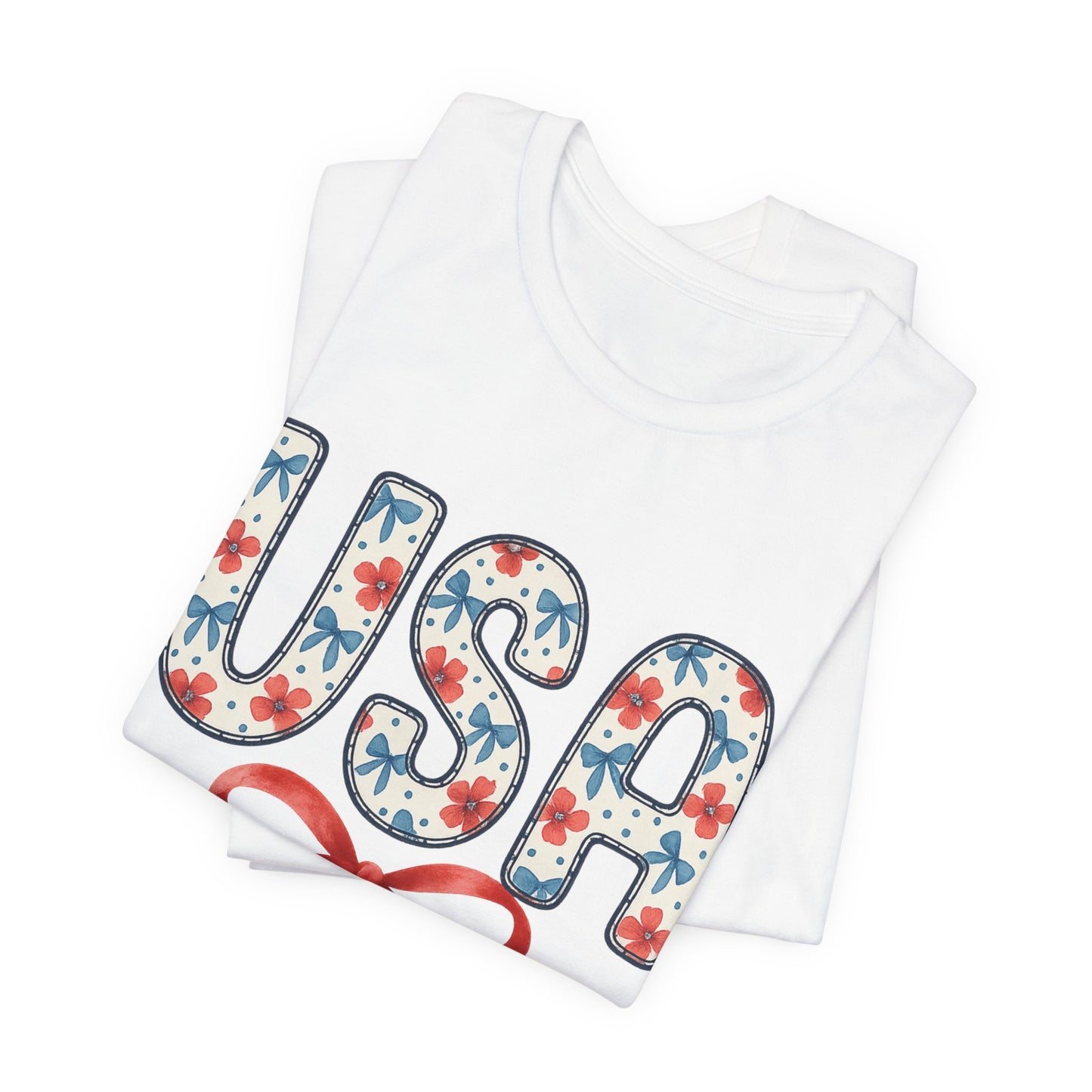 USA Floral Graphic Tee with Ribbon – 4th of July Patriotic Shirt