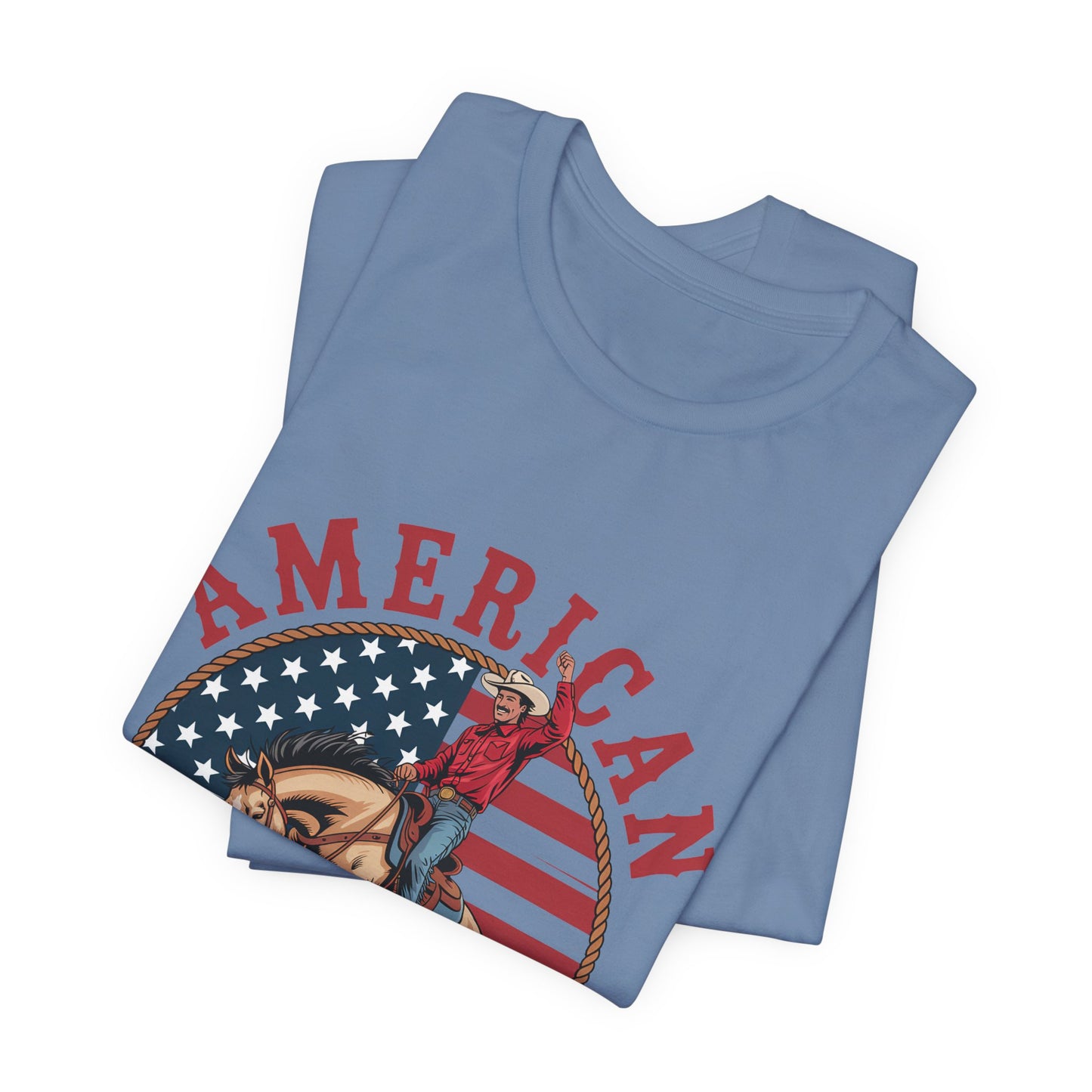 American Cowboy T-Shirt – patriotic rodeo tee with flag and rider