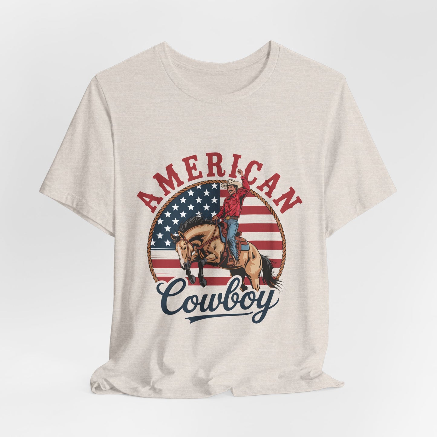 American Cowboy T-Shirt – patriotic rodeo tee with flag and rider