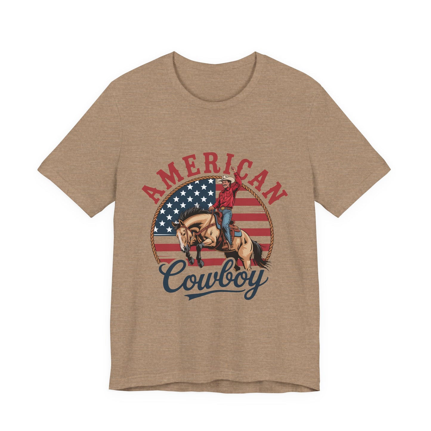 American Cowboy T-Shirt – patriotic rodeo tee with flag and rider