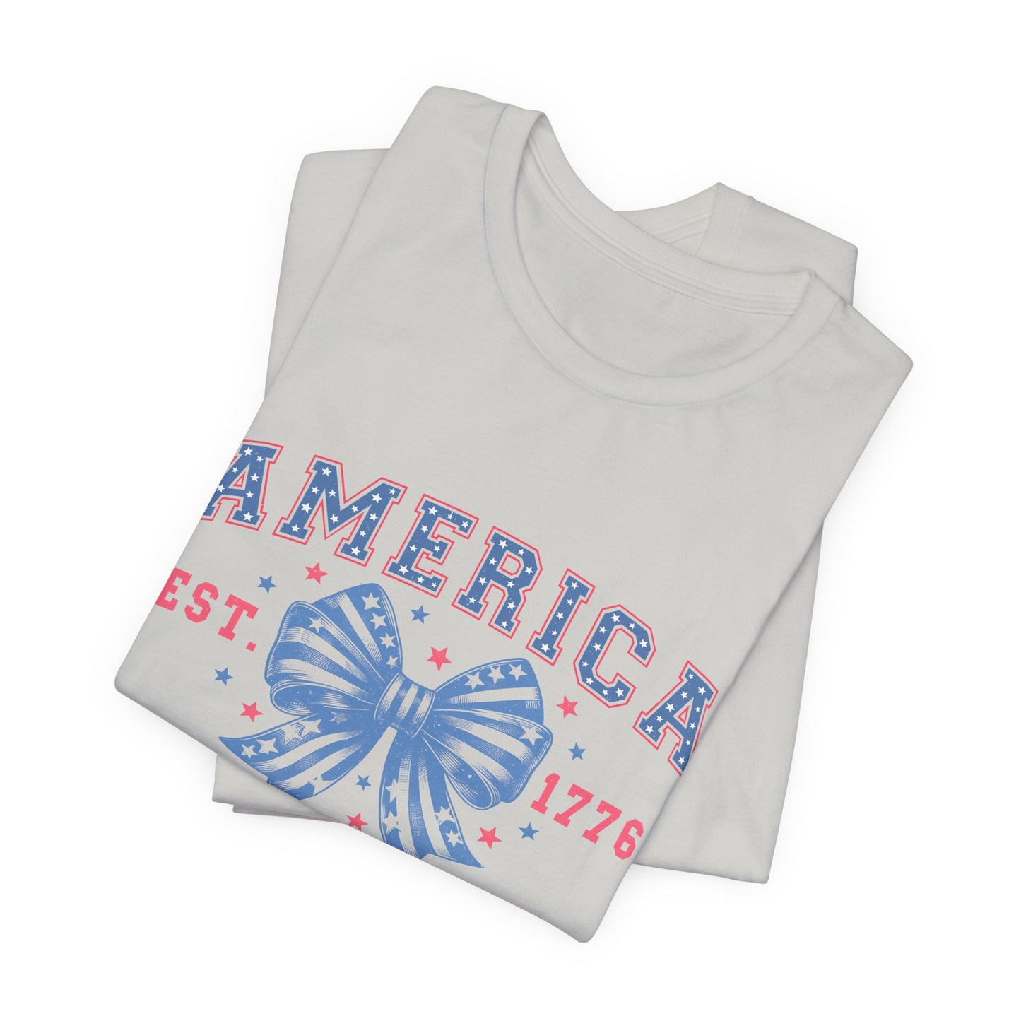 America Est. 1776 Patriotic T-Shirt – Stars & Stripes Bow Graphic