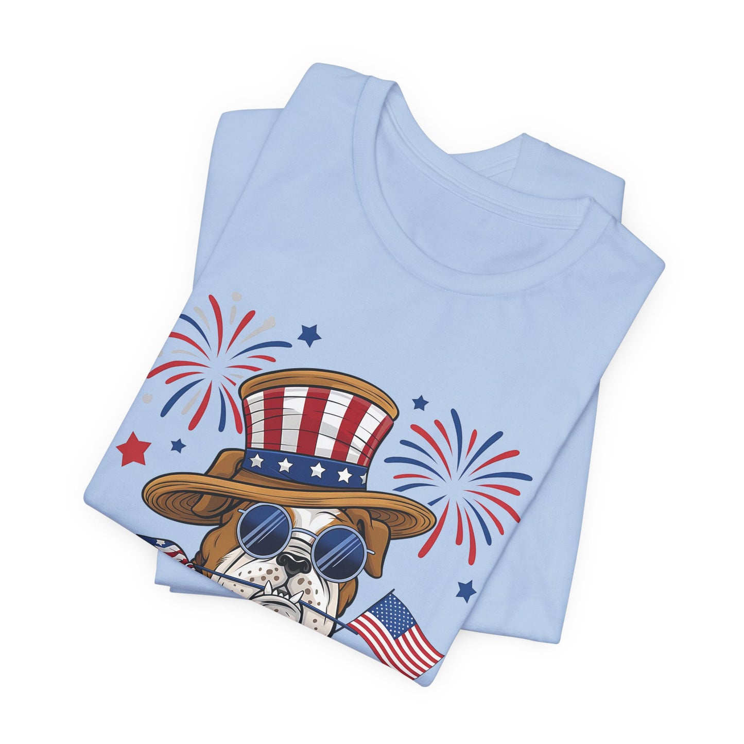 Patriotic Bulldog T-Shirt — American Flag Pup with Uncle Sam Hat & Fireworks (4th of July Tee)