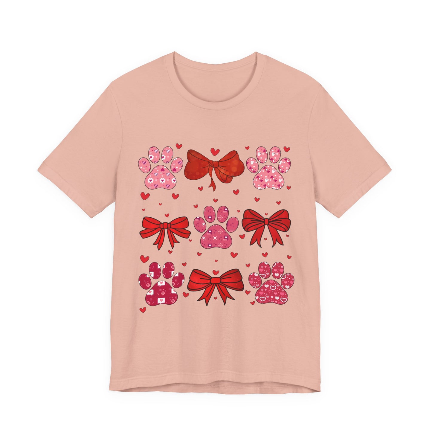 Valentine Paw Prints T‑Shirt — Cute Red Bows & Hearts Pet Lover Tee