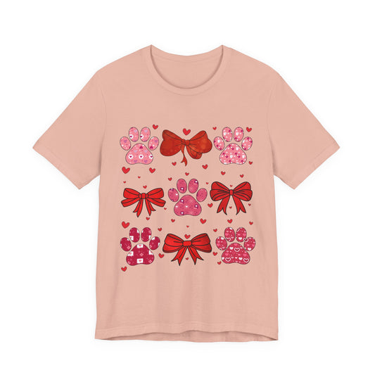 Valentine Paw Prints T‑Shirt — Cute Red Bows & Hearts Pet Lover Tee