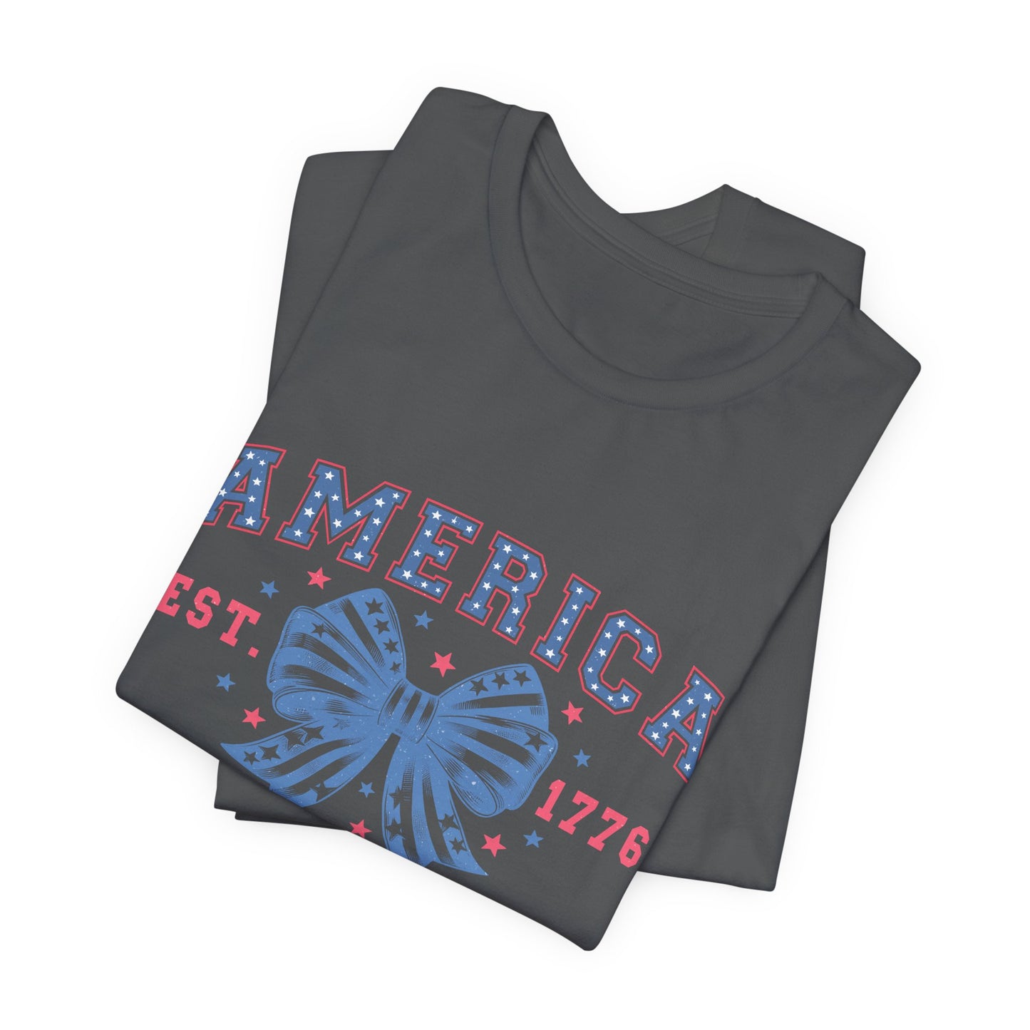 America Est. 1776 Patriotic T-Shirt – Stars & Stripes Bow Graphic