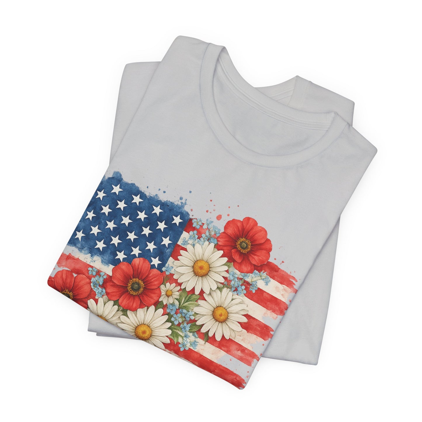 American Flag Floral T‑Shirt – Patriotic Daisy & Poppy USA Tee