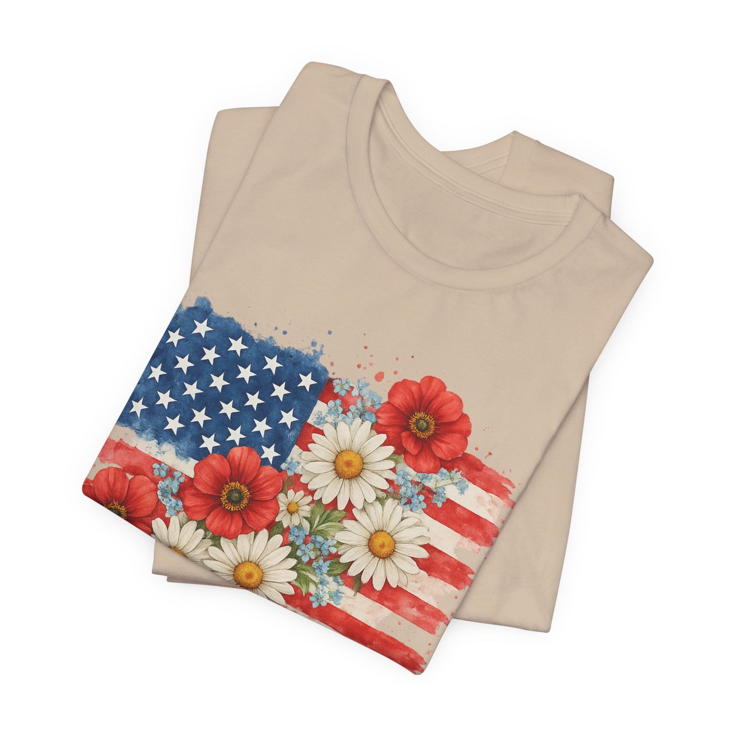 American Flag Floral T‑Shirt – Patriotic Daisy & Poppy USA Tee