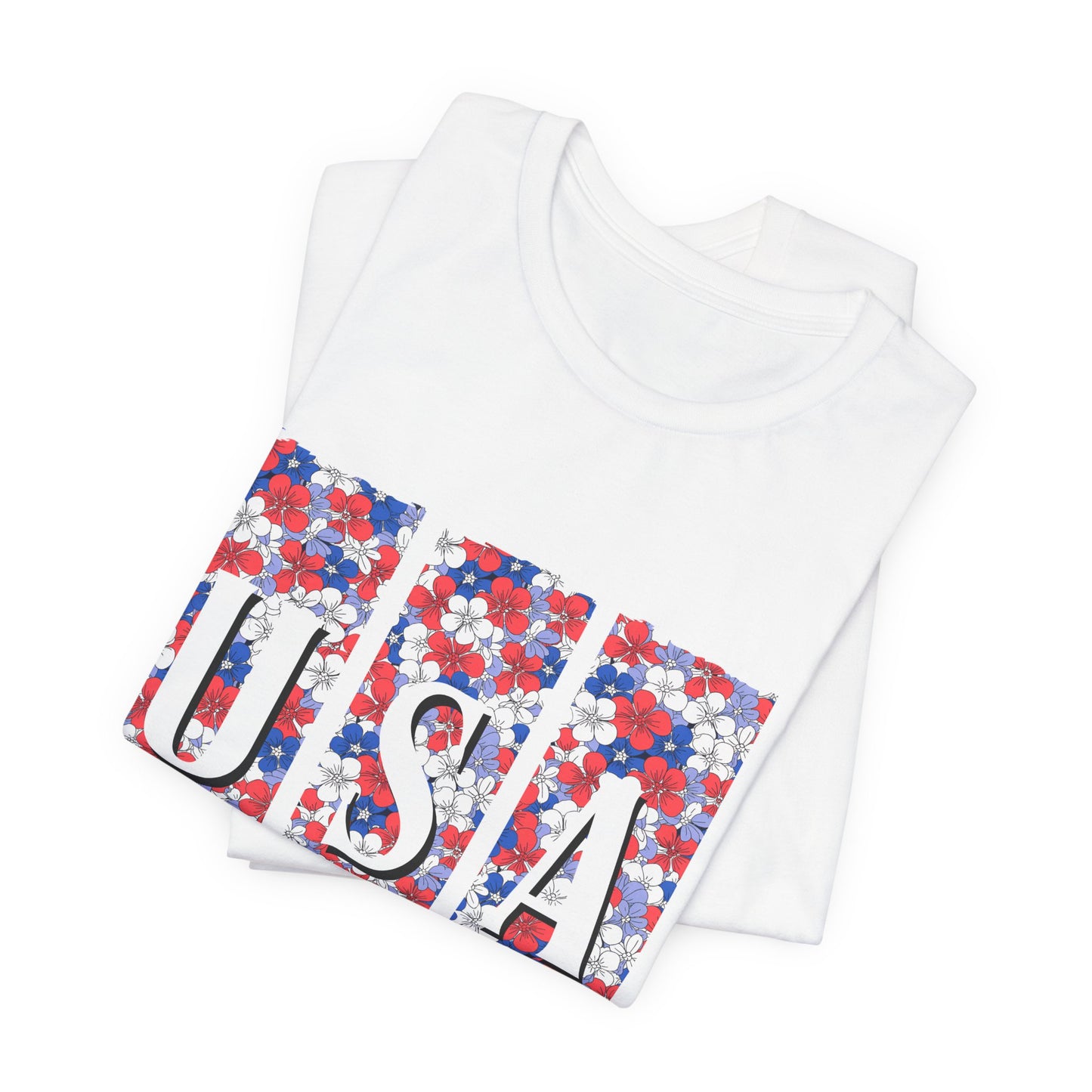 USA Floral Flag T-Shirt — Patriotic Red White Blue Tee (4th of July)