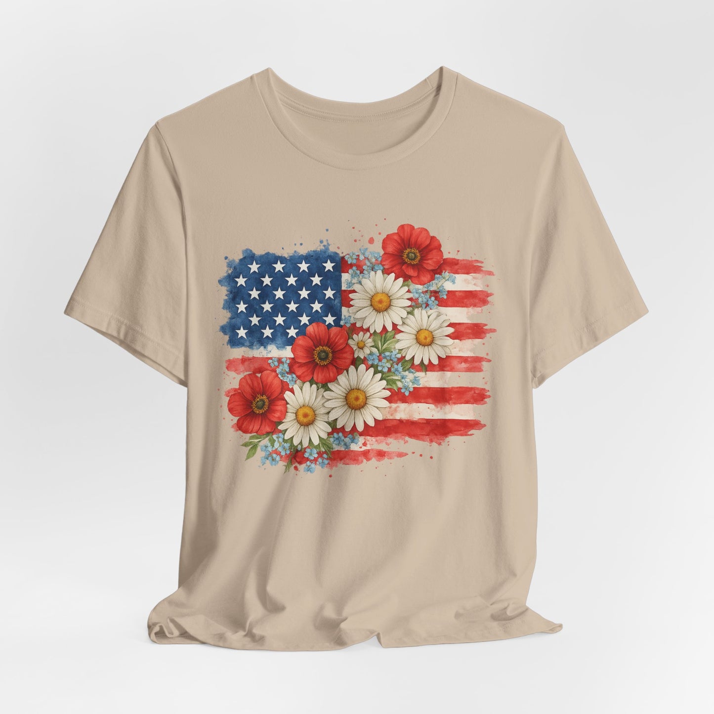 American Flag Floral T‑Shirt – Patriotic Daisy & Poppy USA Tee