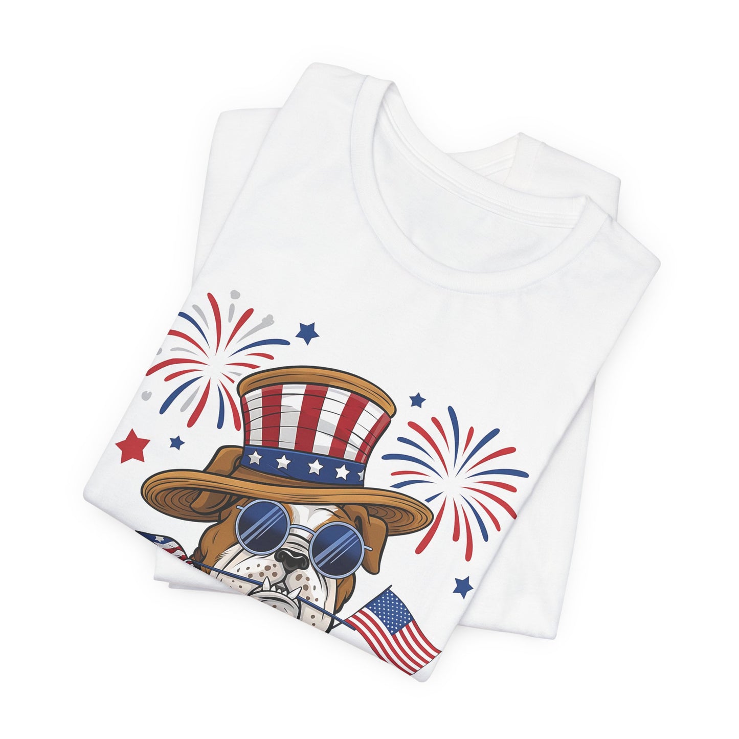 Patriotic Bulldog T-Shirt — American Flag Pup with Uncle Sam Hat & Fireworks (4th of July Tee)