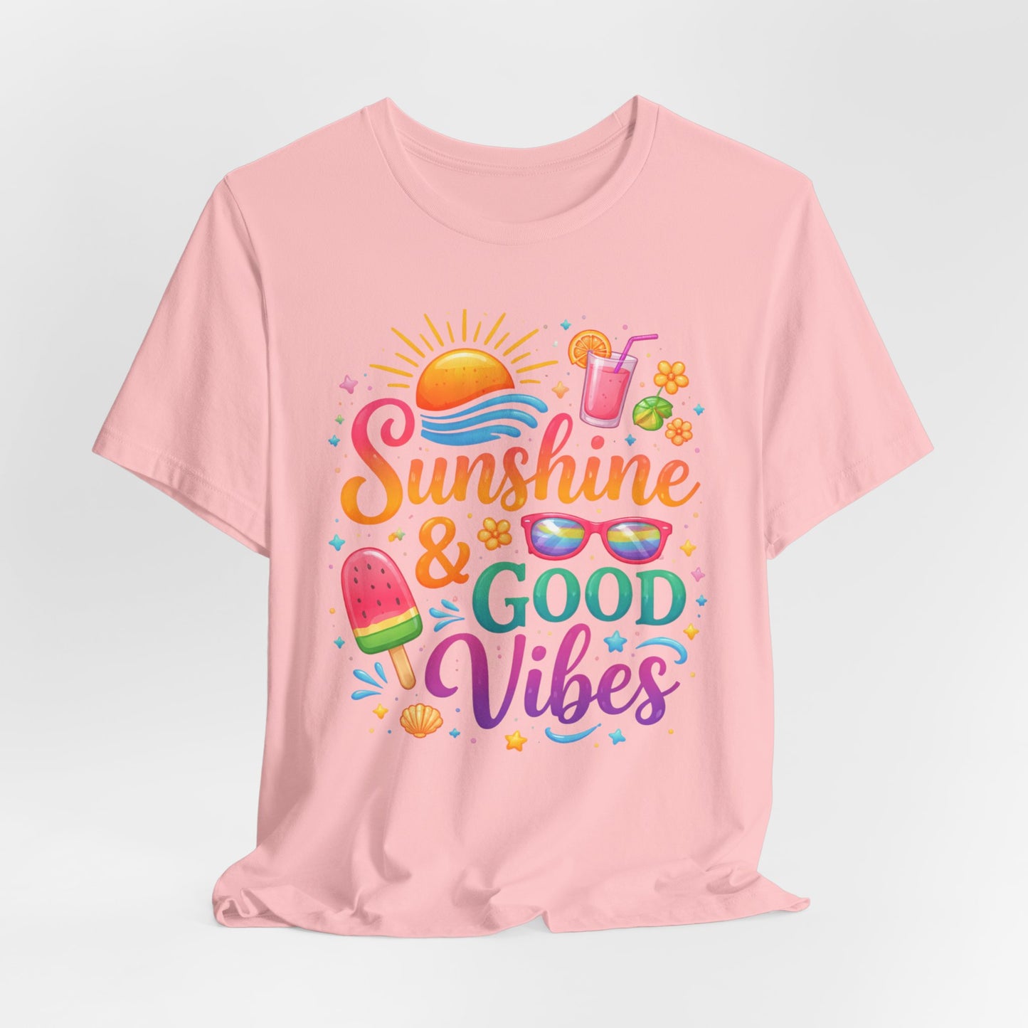 Sunshine & Good Vibes T-Shirt | Summer Beach Drink Sunglasses Popsicle Design