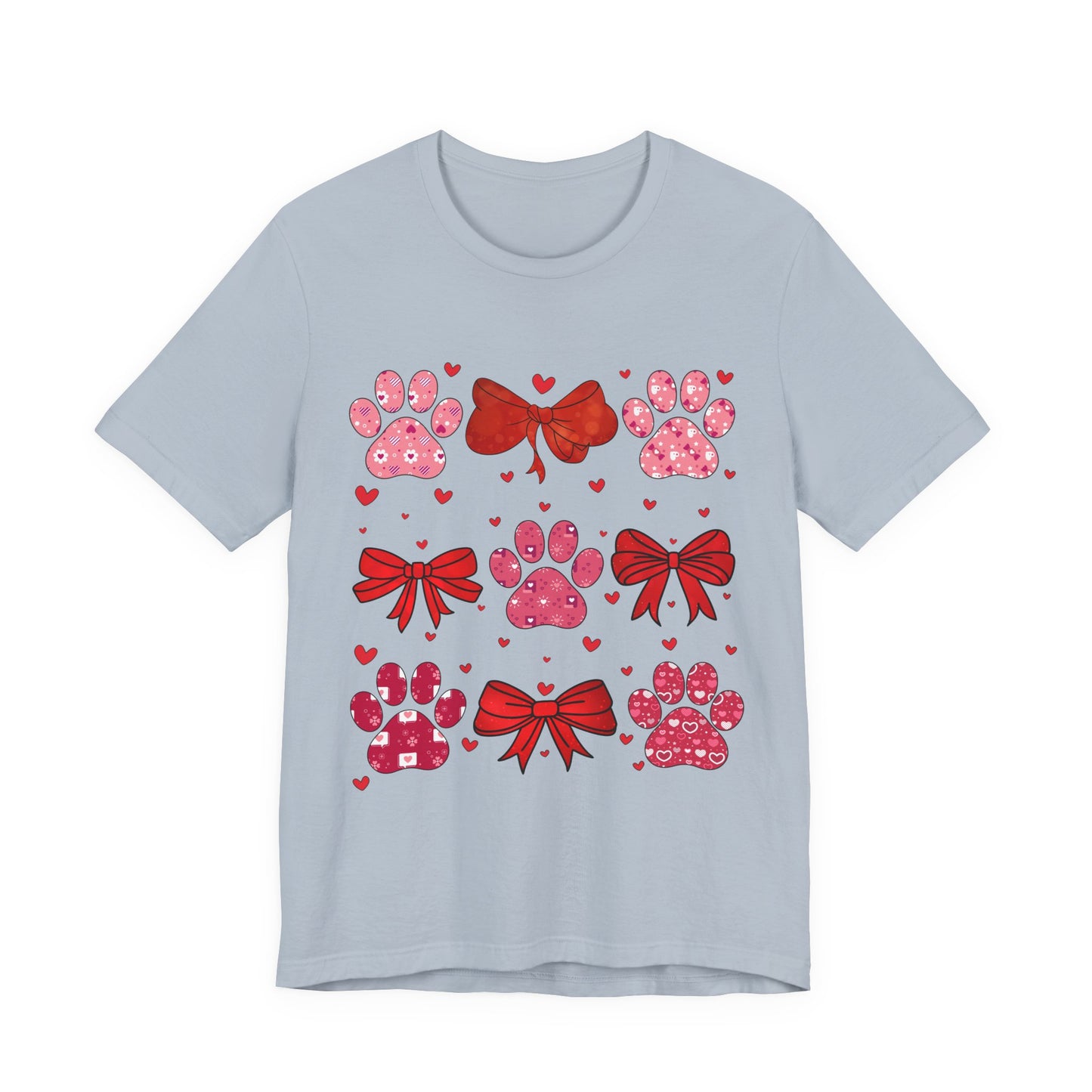 Valentine Paw Prints T‑Shirt — Cute Red Bows & Hearts Pet Lover Tee