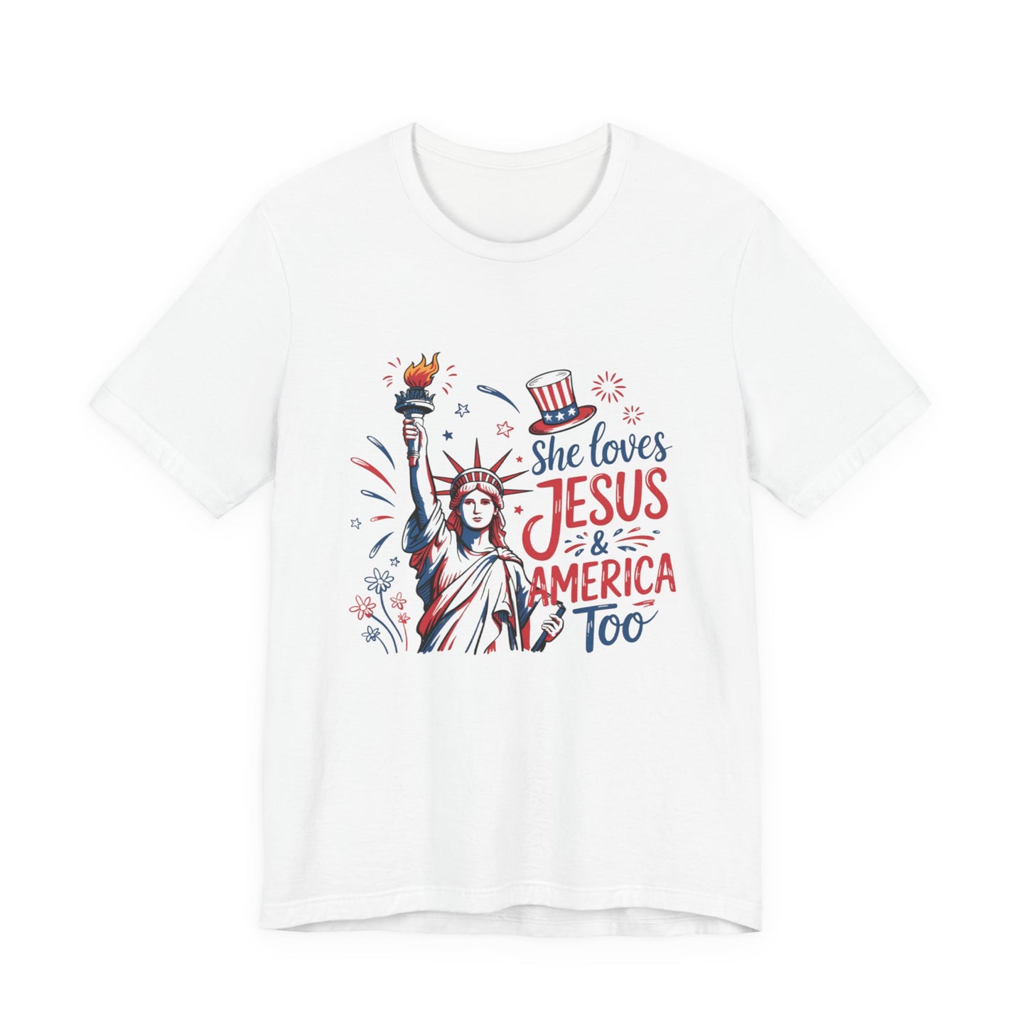 She Loves Jesus & America Too T-Shirt – Patriotic Statue of Liberty Christian Tee