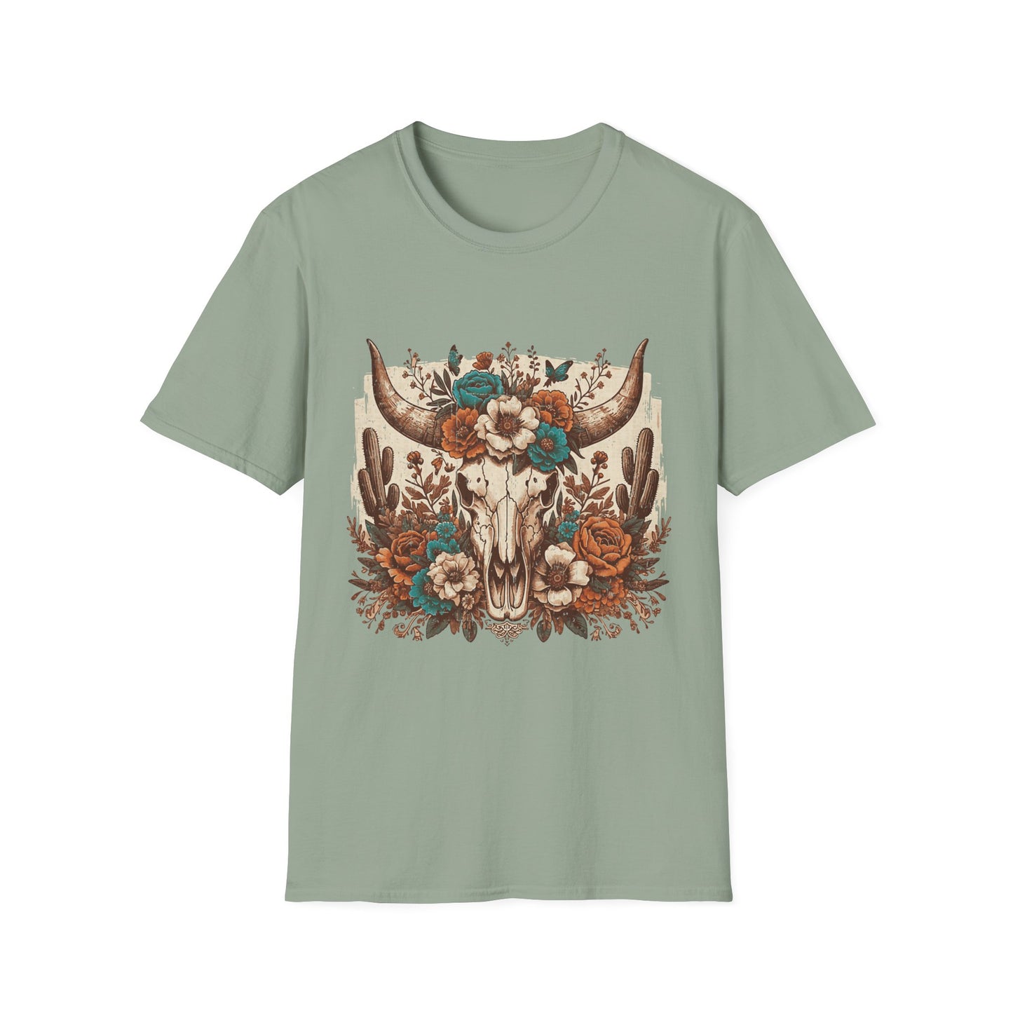 Boho Western Skull T-Shirt — Floral Longhorn Graphic Tee