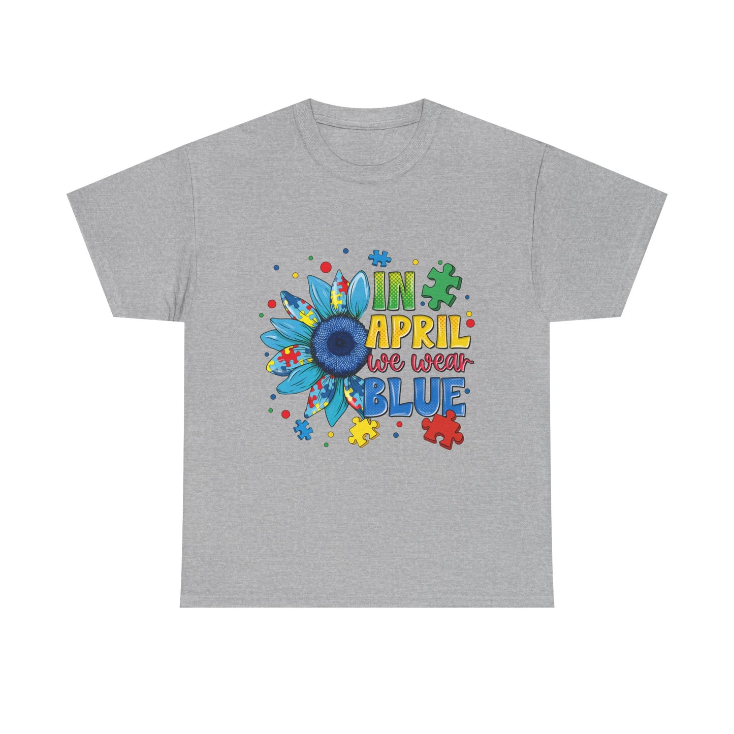 April We Wear Blue T-Shirt – Autism Awareness Sunflower Design
