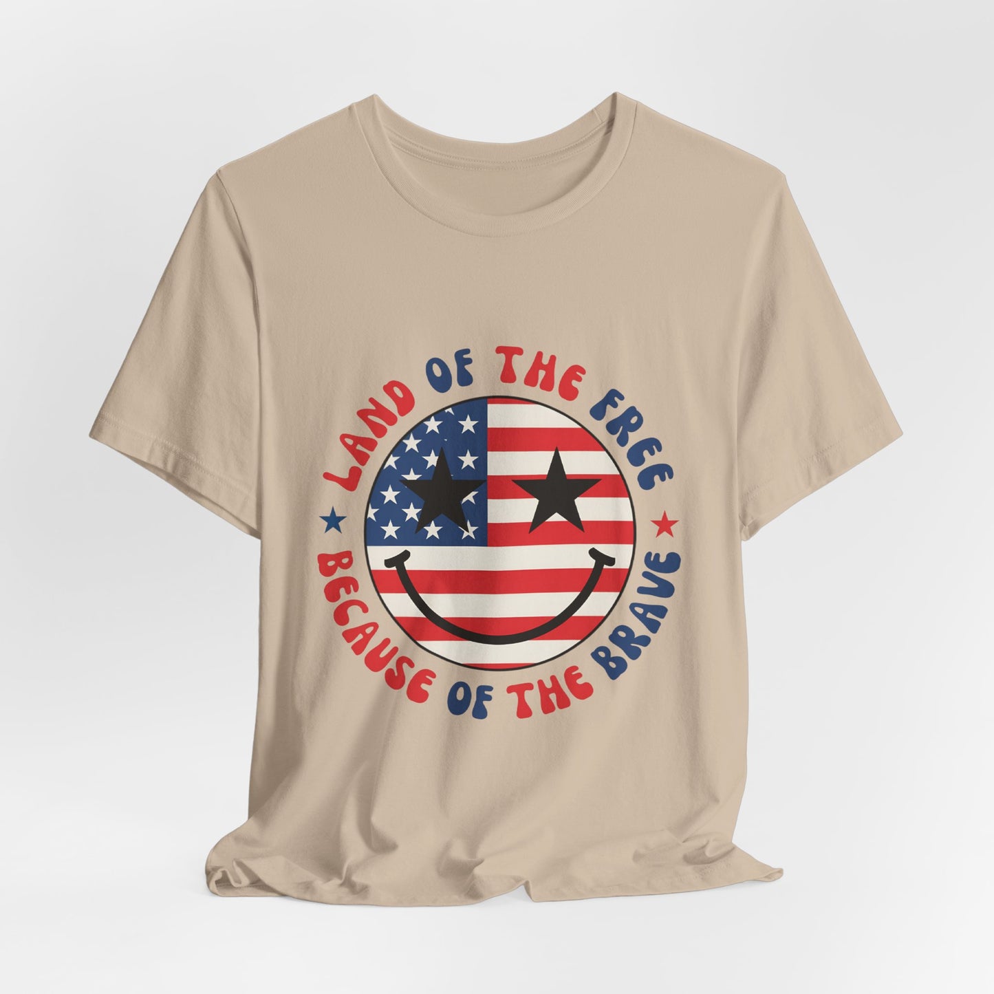 Patriotic Smiley Tee - "Land of the Free Because of the Brave" American Flag Shirt