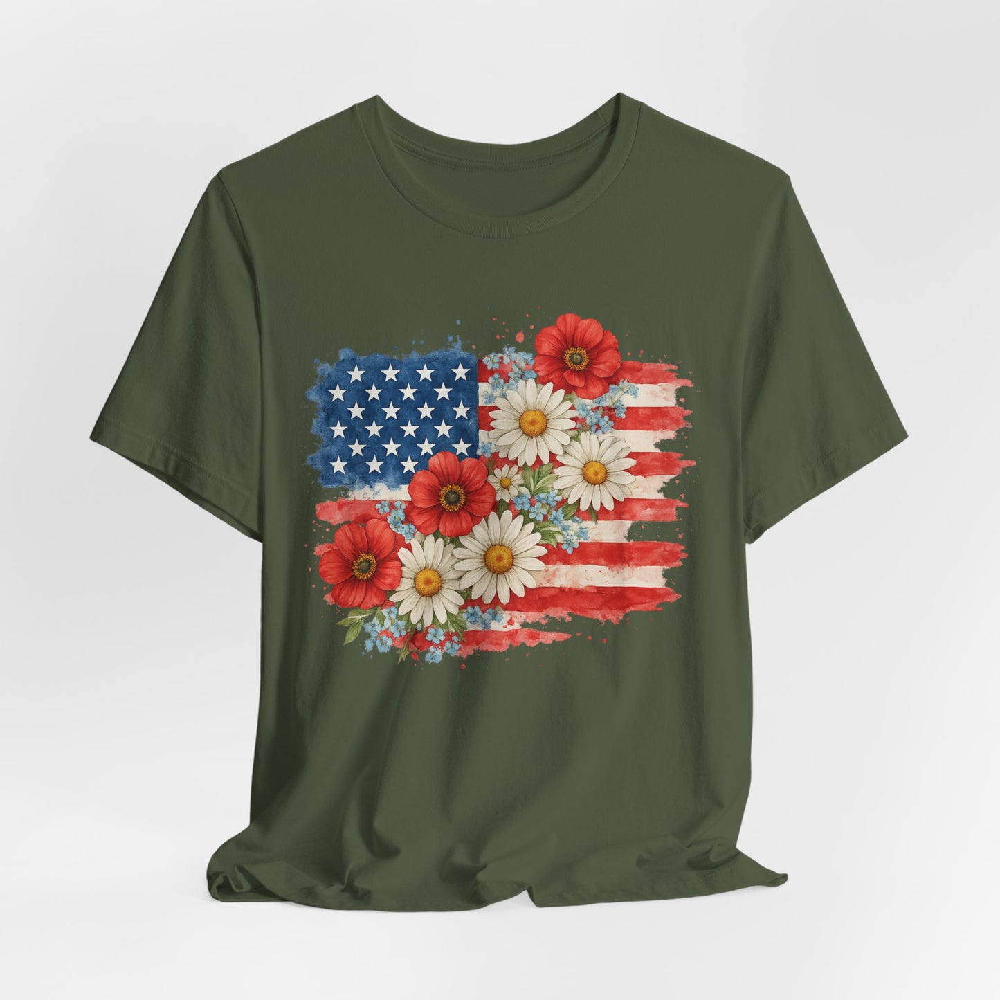 American Flag Floral T‑Shirt – Patriotic Daisy & Poppy USA Tee