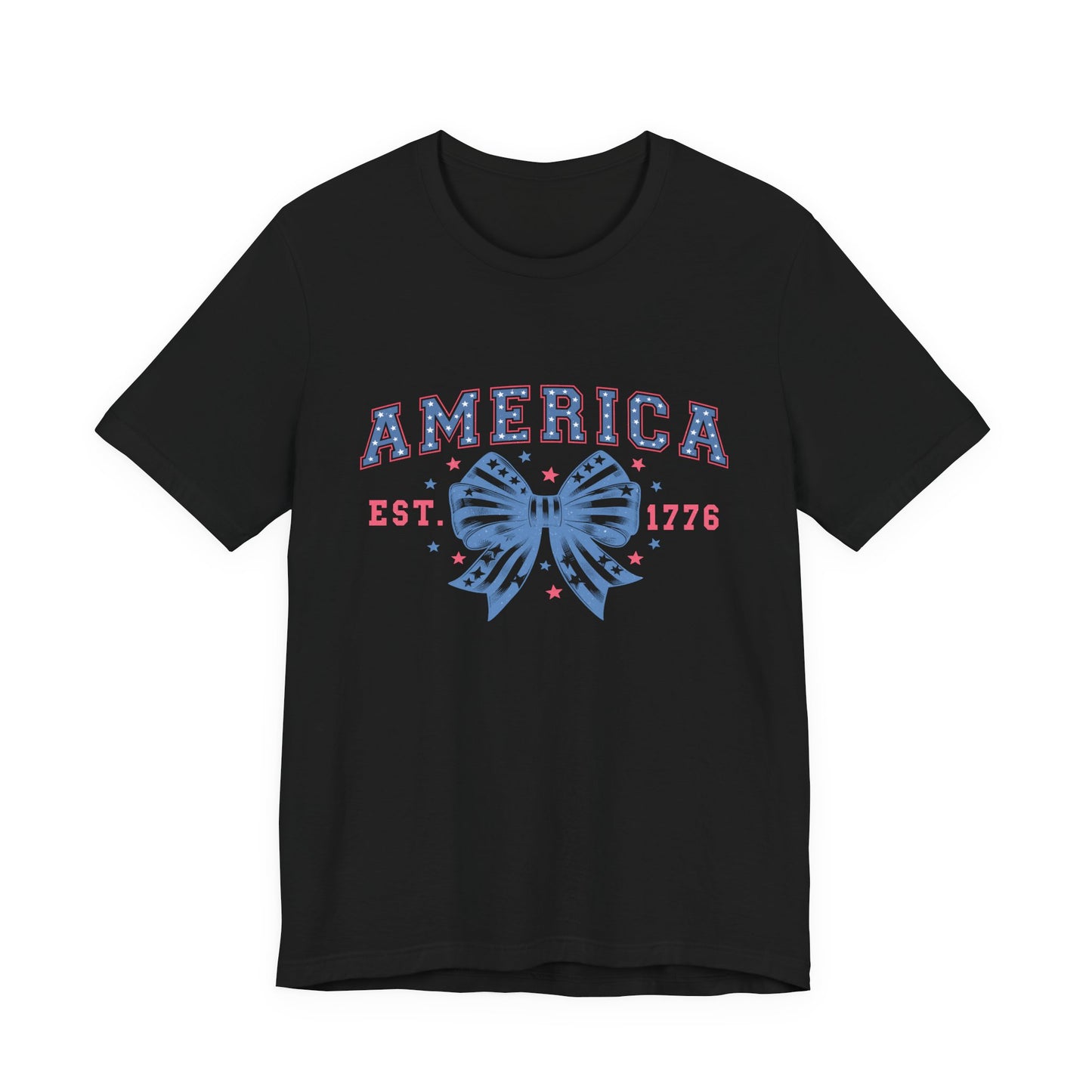 America Est. 1776 Patriotic T-Shirt – Stars & Stripes Bow Graphic