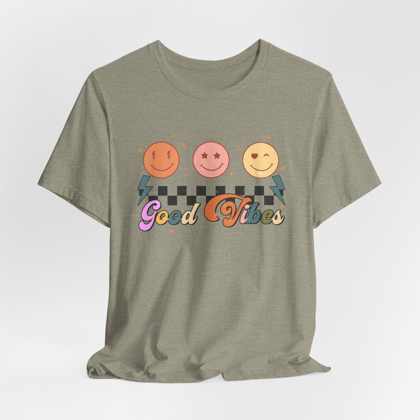 Good Vibes Smiley Tee — Retro Checkerboard Positive Graphic T-Shirt