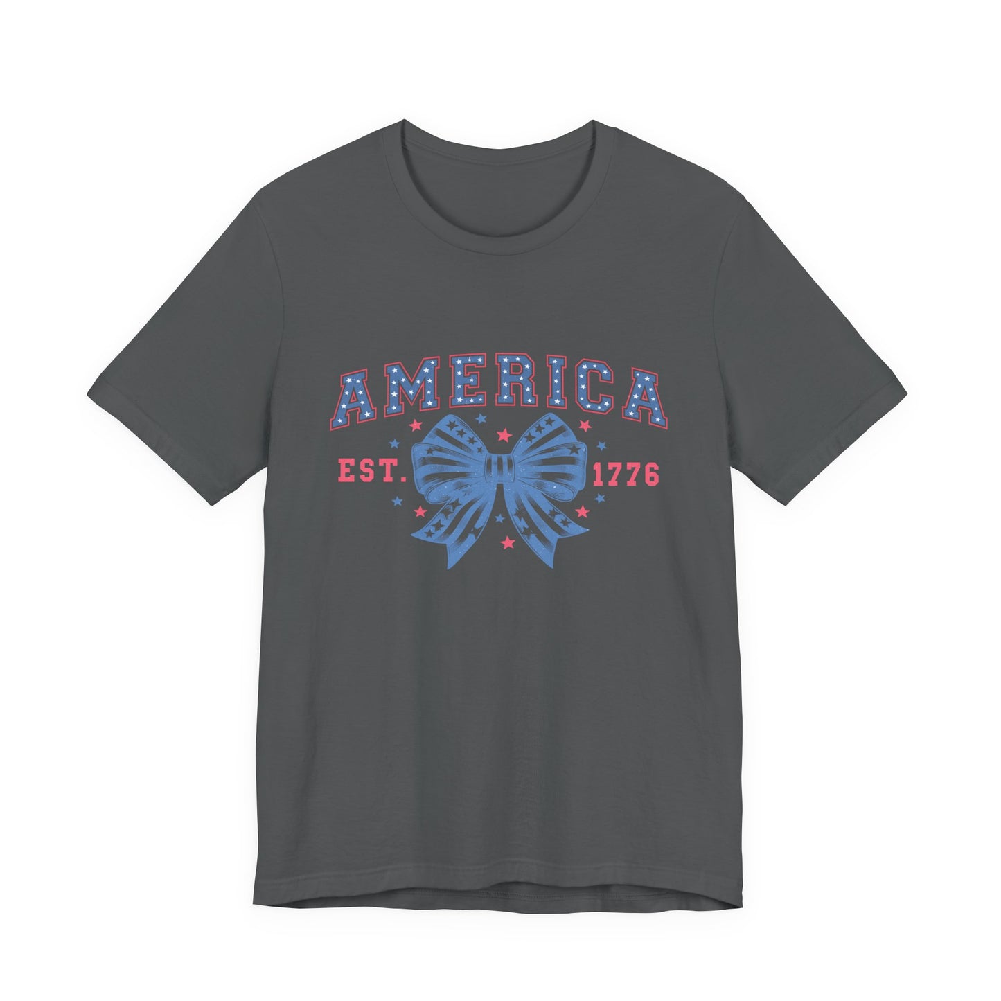 America Est. 1776 Patriotic T-Shirt – Stars & Stripes Bow Graphic