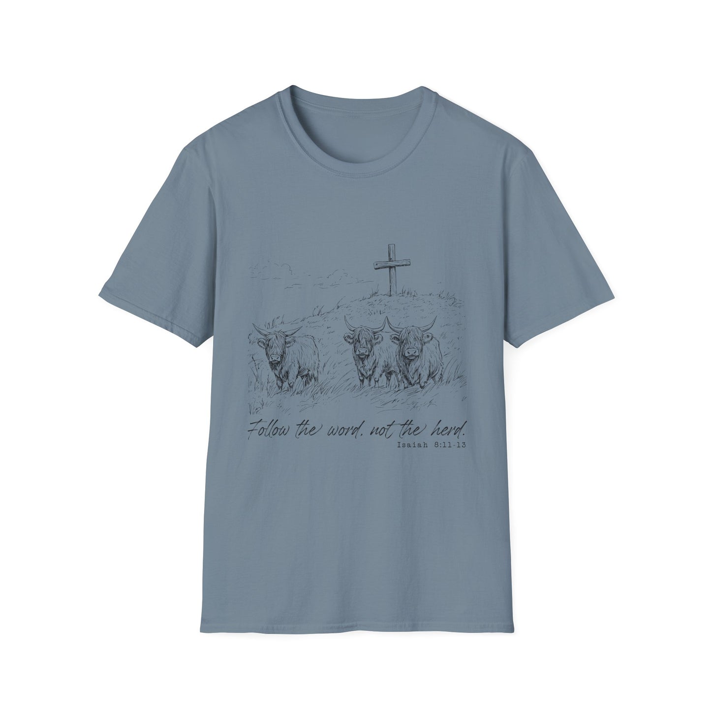 Christian Cross & Oxen T-Shirt — “Follow the Sword, Not the Herd” Faith Graphic Tee