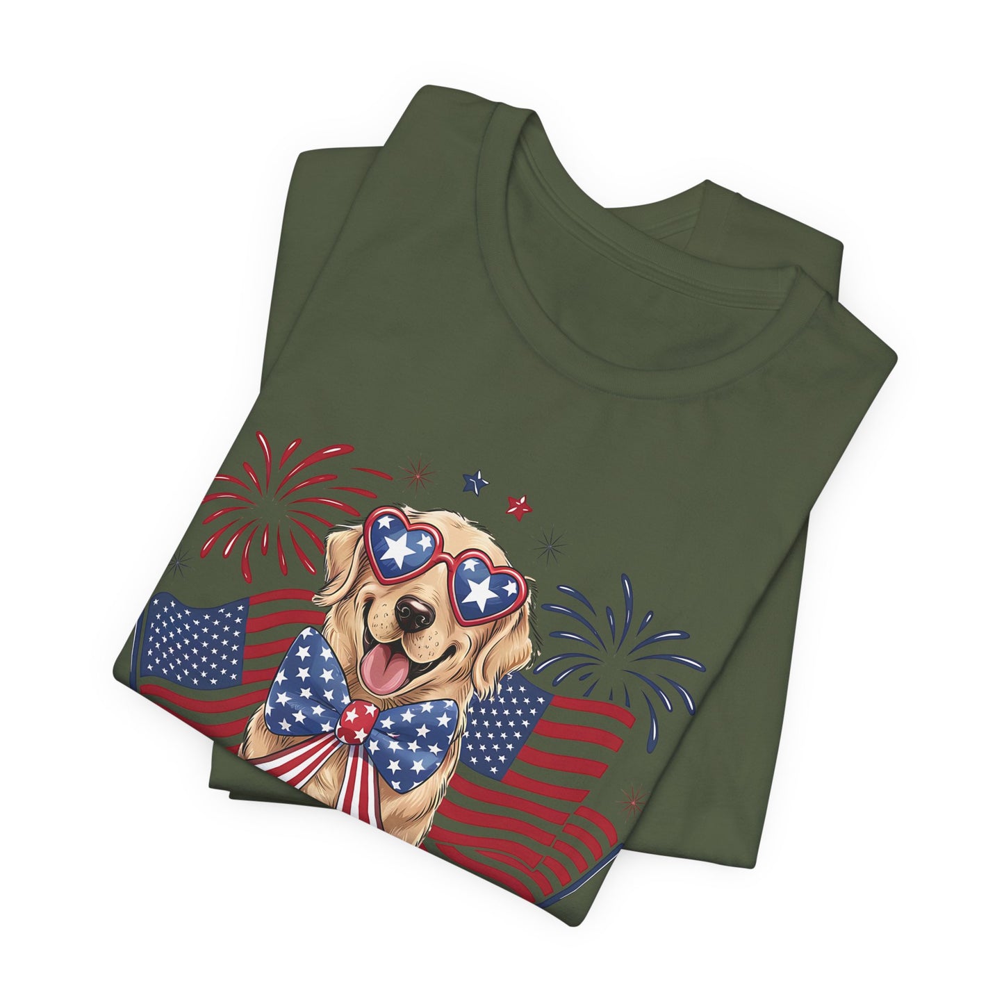 Patriotic Golden Retriever T‑Shirt — USA Flag Dog with Fireworks