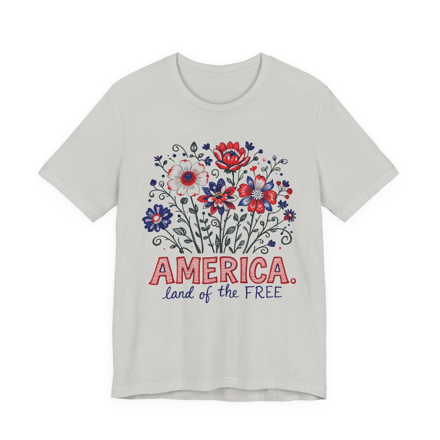 Patriotic Floral Tee — "America, Land of the Free"