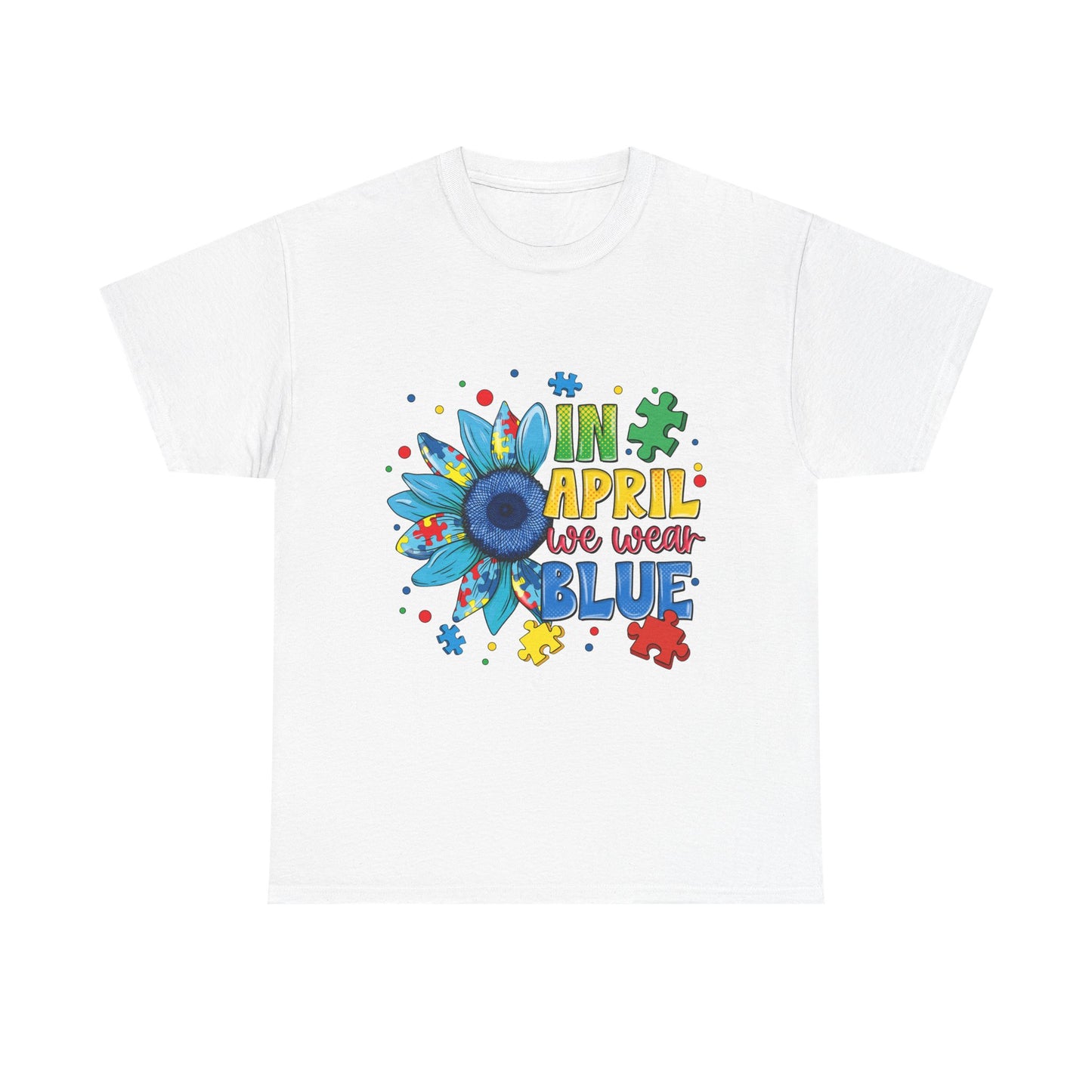 April We Wear Blue T-Shirt – Autism Awareness Sunflower Design