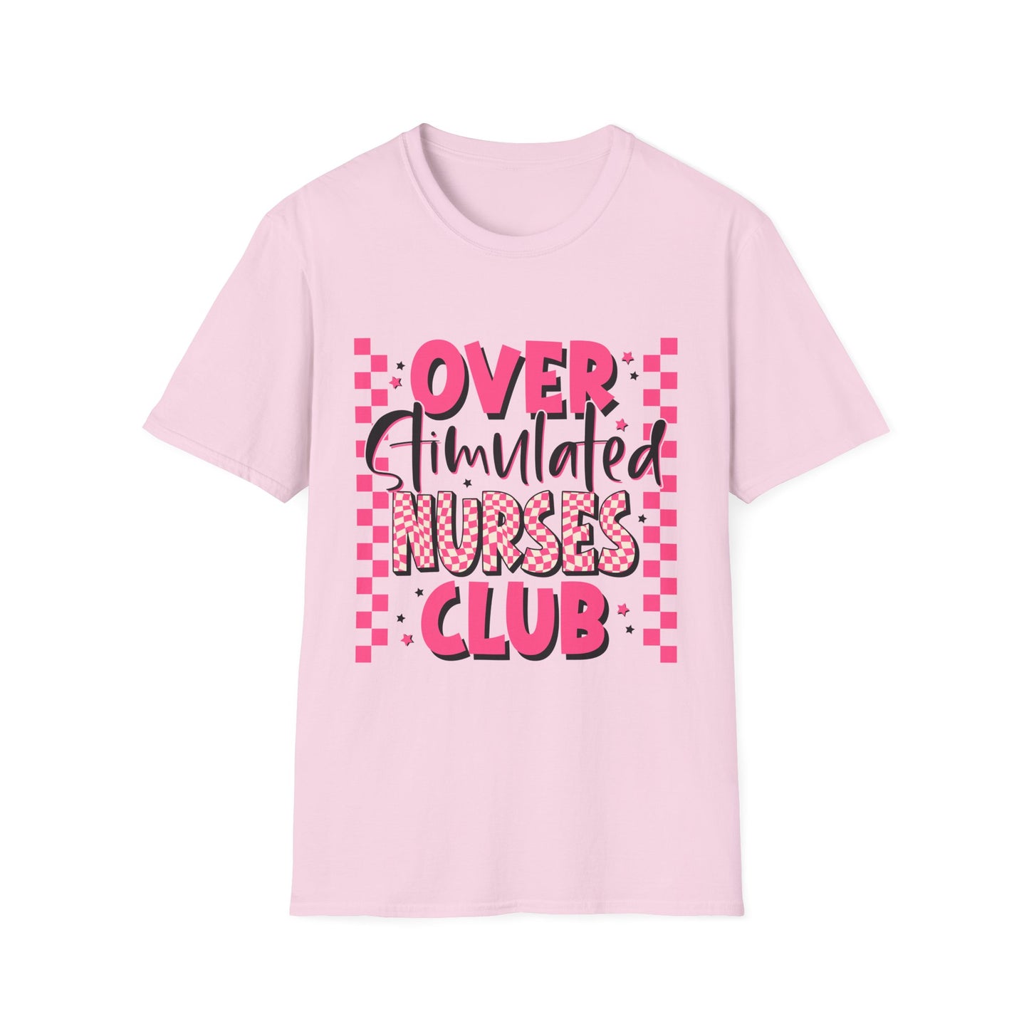 Overstimulated Nurses Club T-Shirt — Funny Pink Nurse Graphic Tee for Healthcare Workers