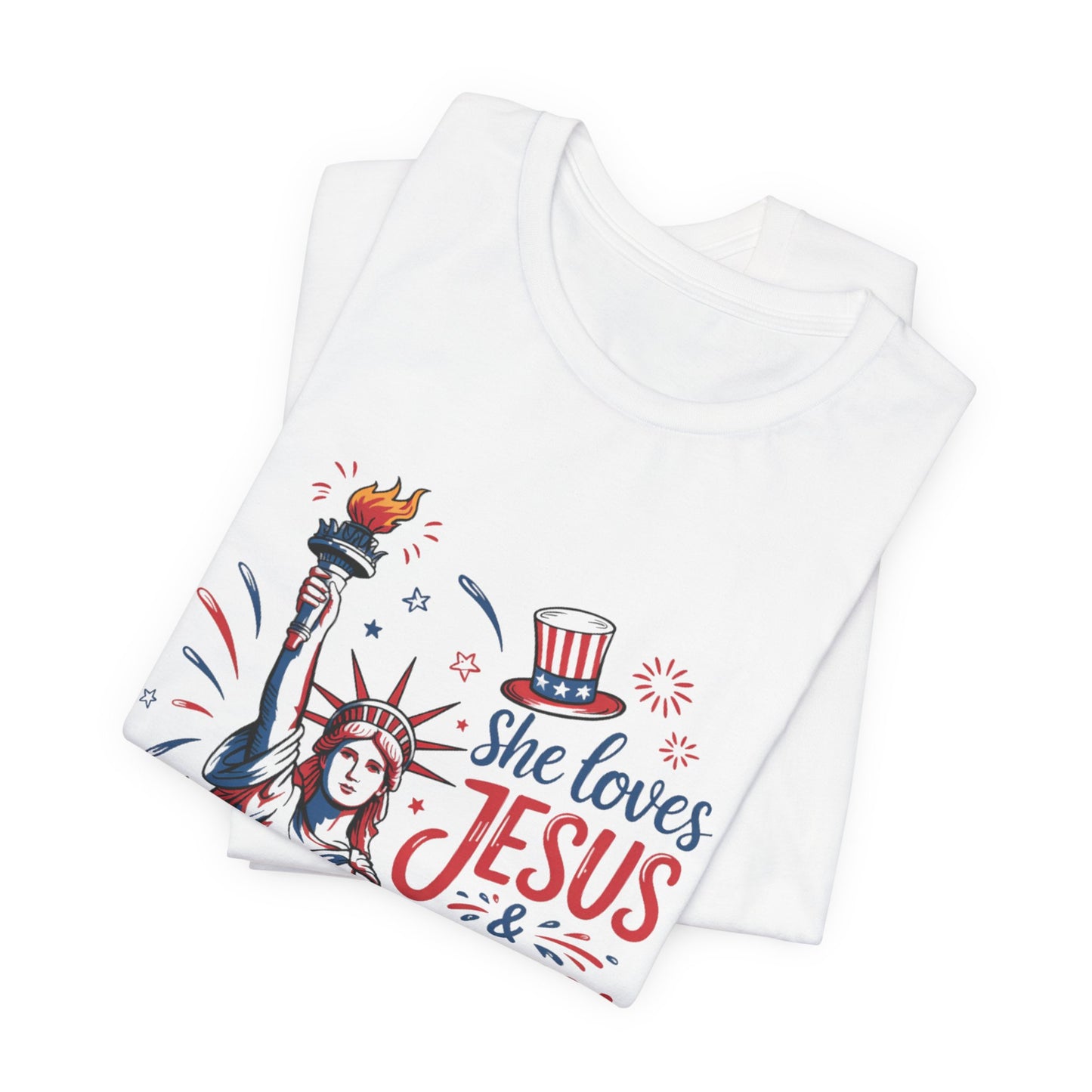 She Loves Jesus & America Too T-Shirt – Patriotic Statue of Liberty Christian Tee